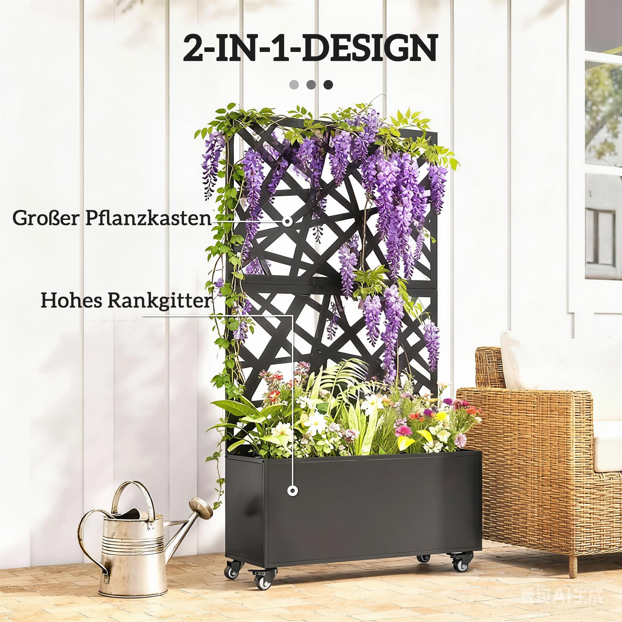 Outsunny Blumenkasten mit Sichtschutz Rankgitter 90 x 30 x 160 cm Schwarz | Pflanzkasten, Rolle, Pflanzkübel aus Metall, Blumenkübel, Rankkasten, Rankhilfe, für Garten, Balkon, Terrasse