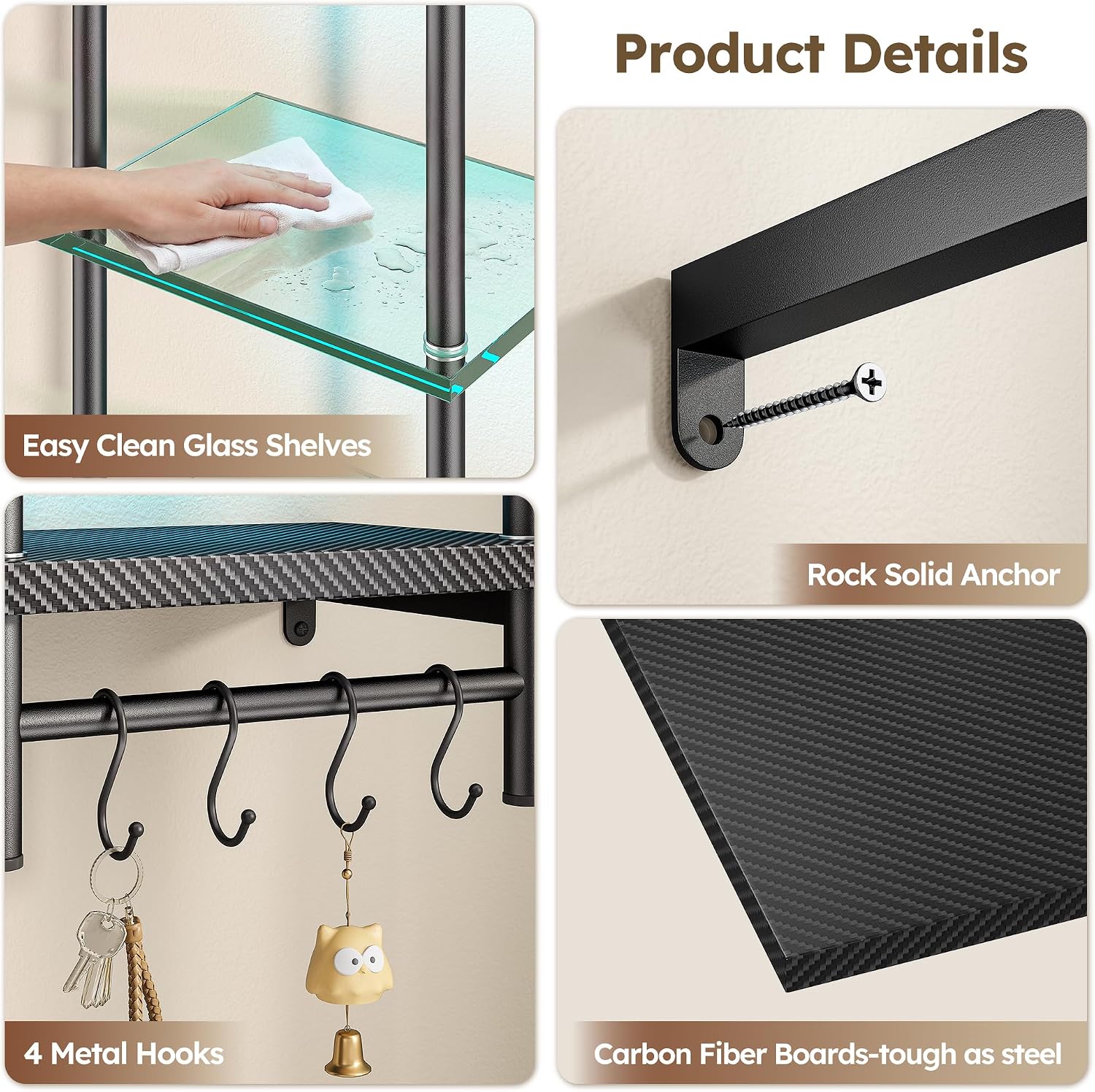 DurayLoly LED Floating Shelves, 5-Tier Glass Wall Shelf, Display Shelves for Living Room Gaming Room Bedroom, Carbon Fiber Black
