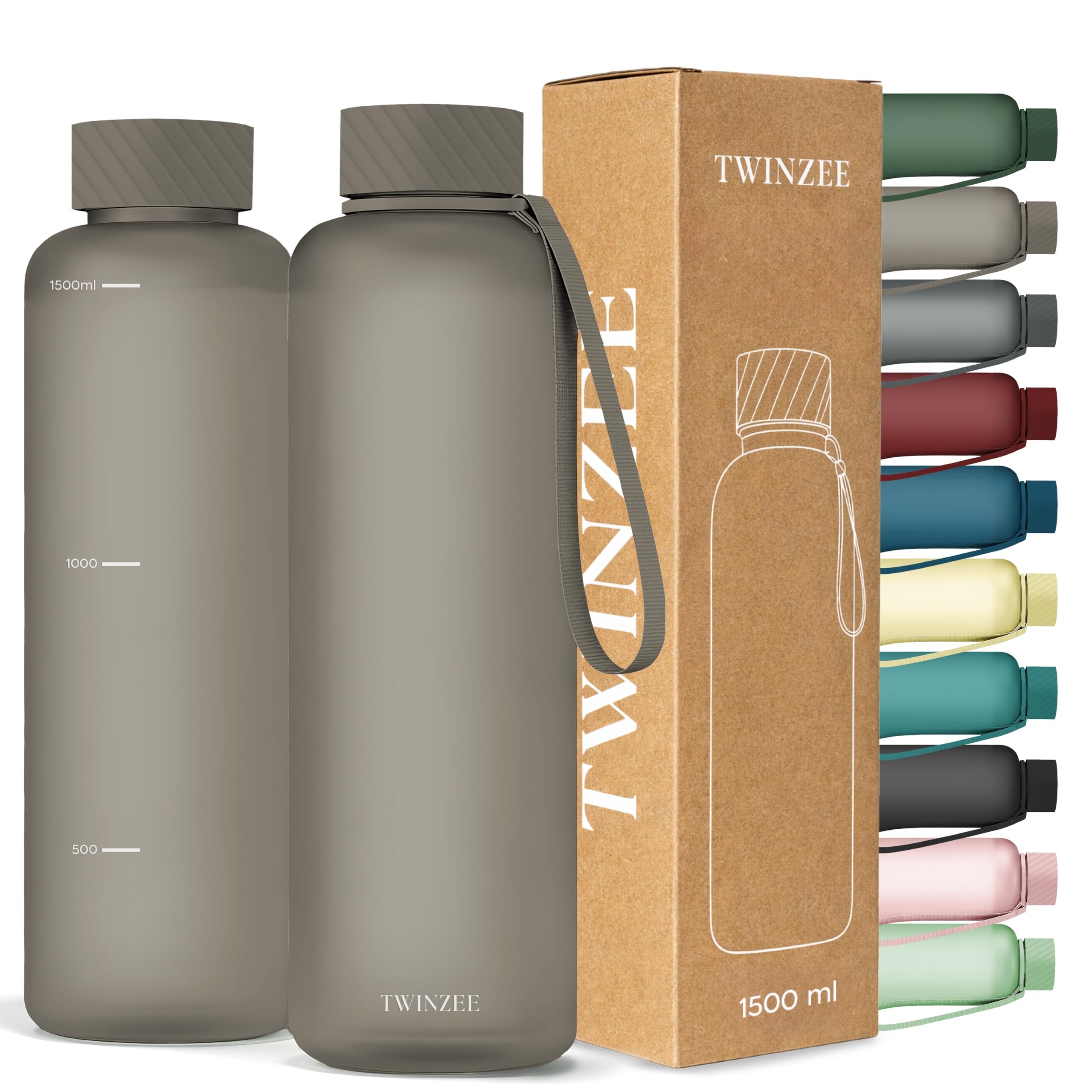 Twinzee Borraccia 1,5 litri - A Prova di Perdite, Senza BPA, Sostenibile - Water Bottle per Scuola e ufficio, Borraccia sportiva - Taupe