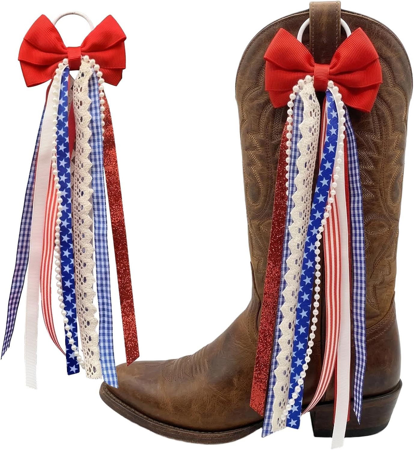 Holiday Bow Ribbons for Holiday Birthday Accessory Decor, 2 Pieces Spring Boot Charms for Women, Brown Plaid Cowboy Boot Decorations with Layered Ribbon Bows