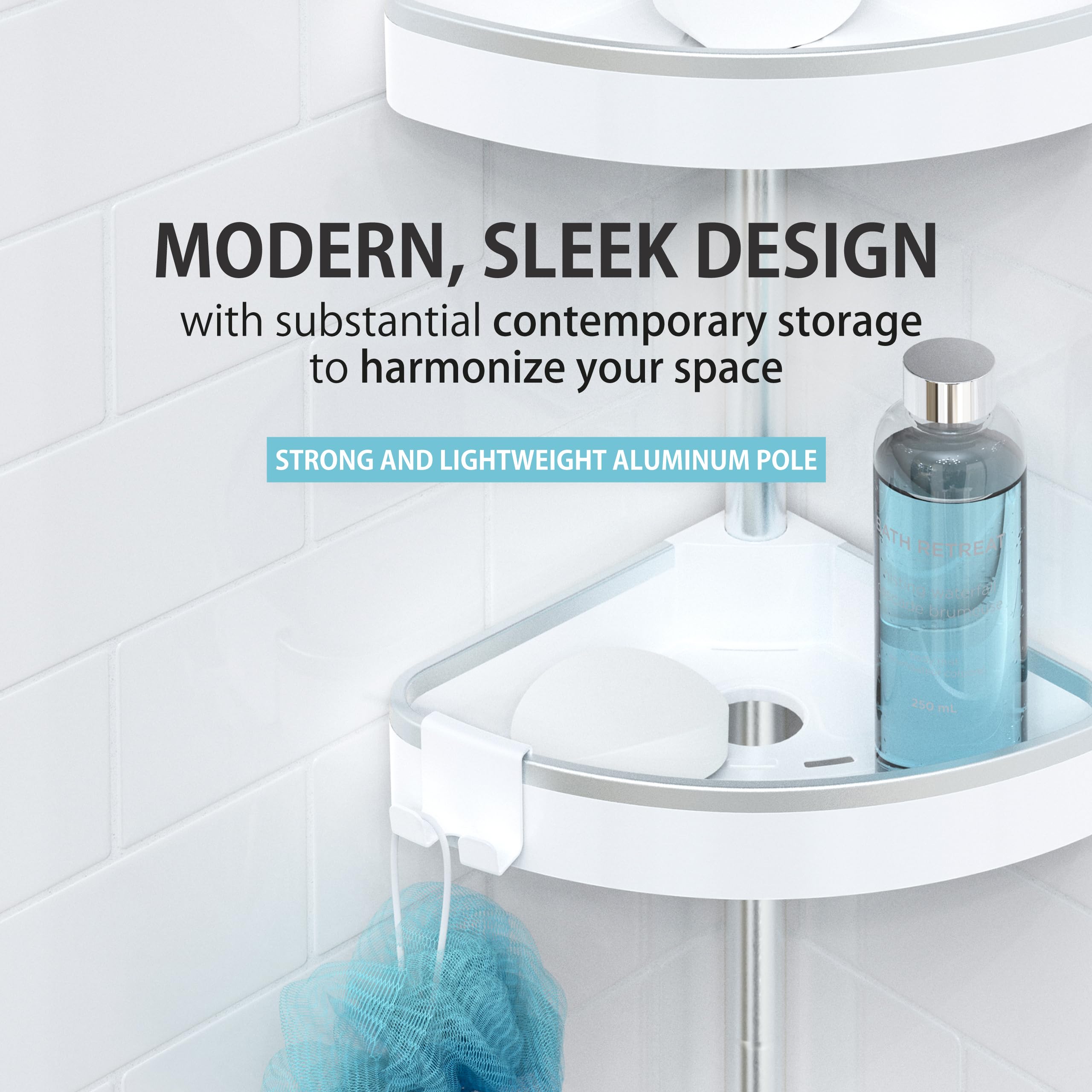 Better Living HiRise 3 - Organizador de ducha de pie, ajustable, 3 cestas grandes, organizador de ducha de baño de aluminio inoxidable con ganchos de almacenamiento, sin taladro, organizador de ducha