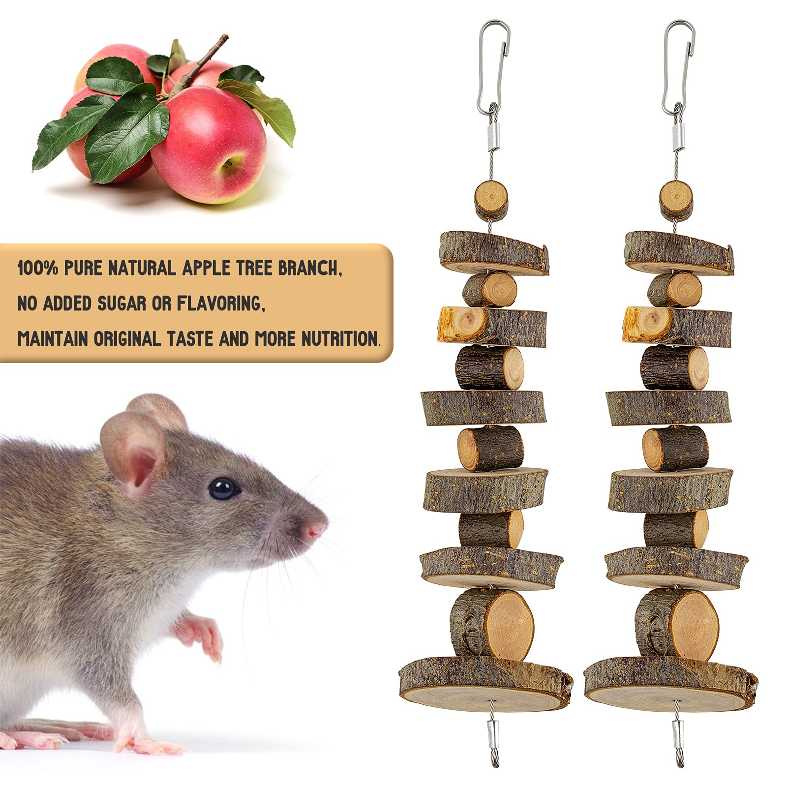 JINGLAN Juguetes masticables de Madera de Manzana orgánica, Paquete de 2 pequeños bocadillos de Animales Juguetes adecuados para Conejos, Chinchilla, cobayas, hámsters Dientes molienda
