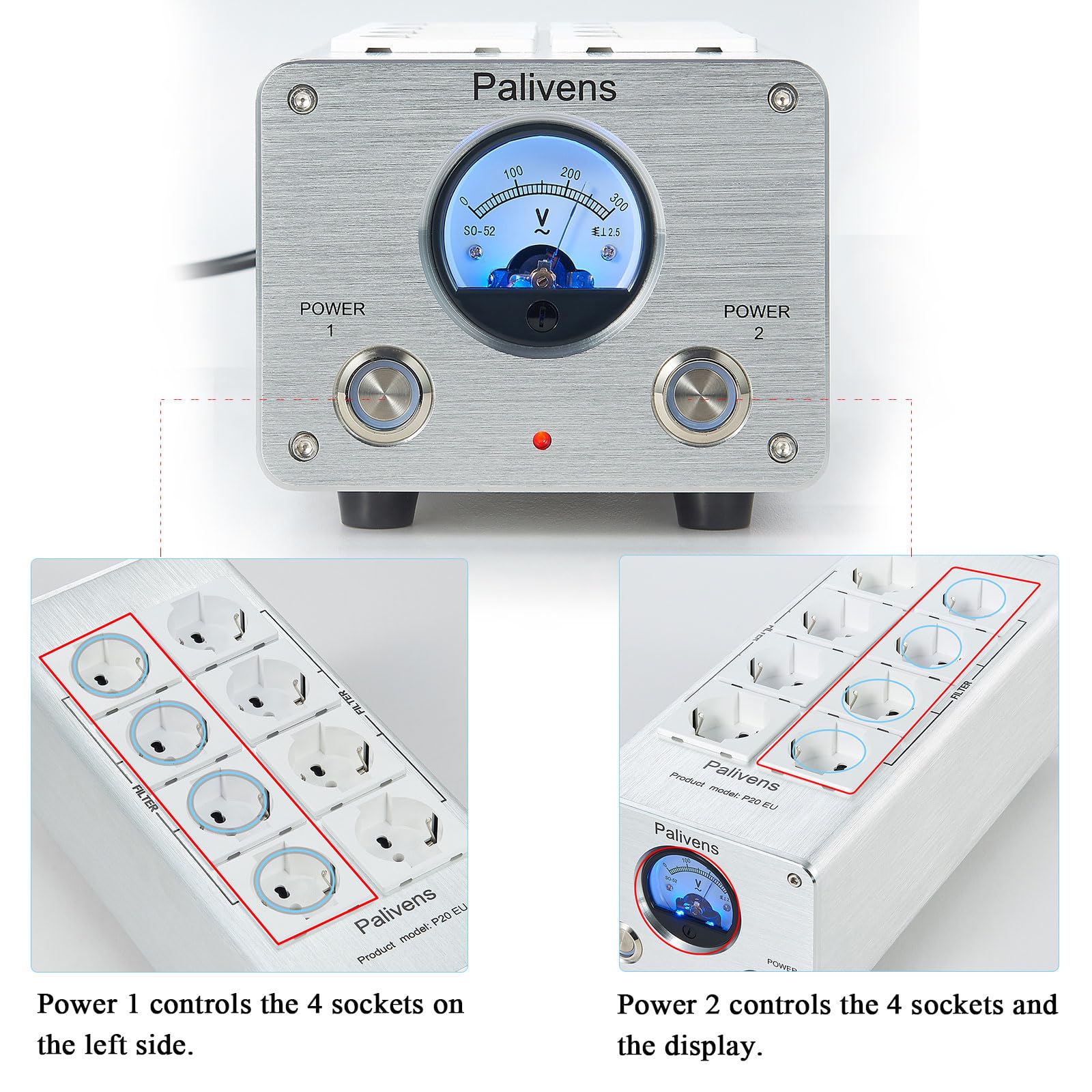 Listwa zasilająca z filtrem sieciowym HiFi, 8 gniazd z filtrem zakłóceń z odczytem wskazującym, ochrona przed przepięciem, ochrona przed obciążeniem do 15 A, wielokrotne gniazdo do głośników