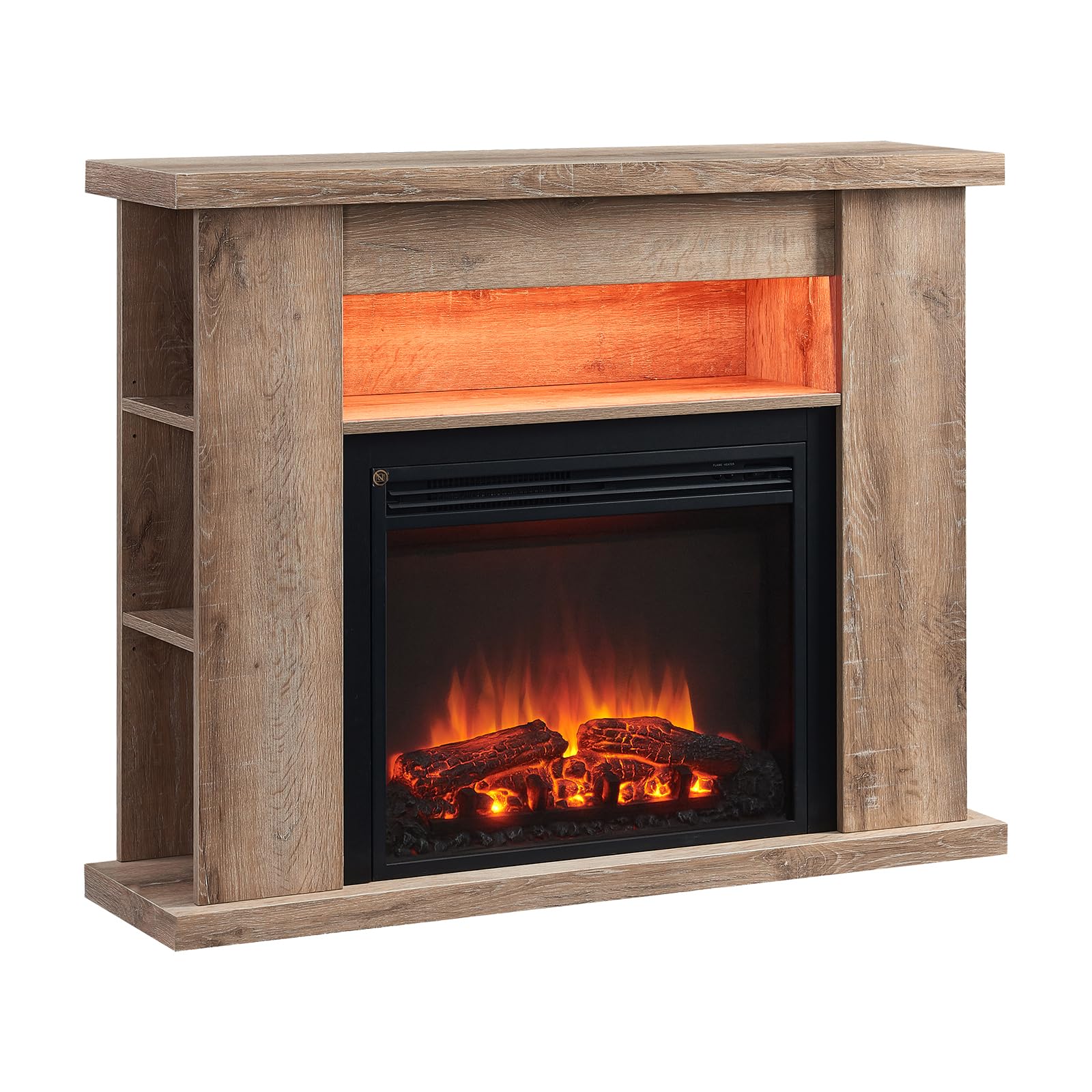 Flamme Rustic Light Oak 43" Lipson Electric Fireplace Suite Colour With Storage Shelves Includes 2Kw Heater With Glass Fronted Flame Effect, Remote