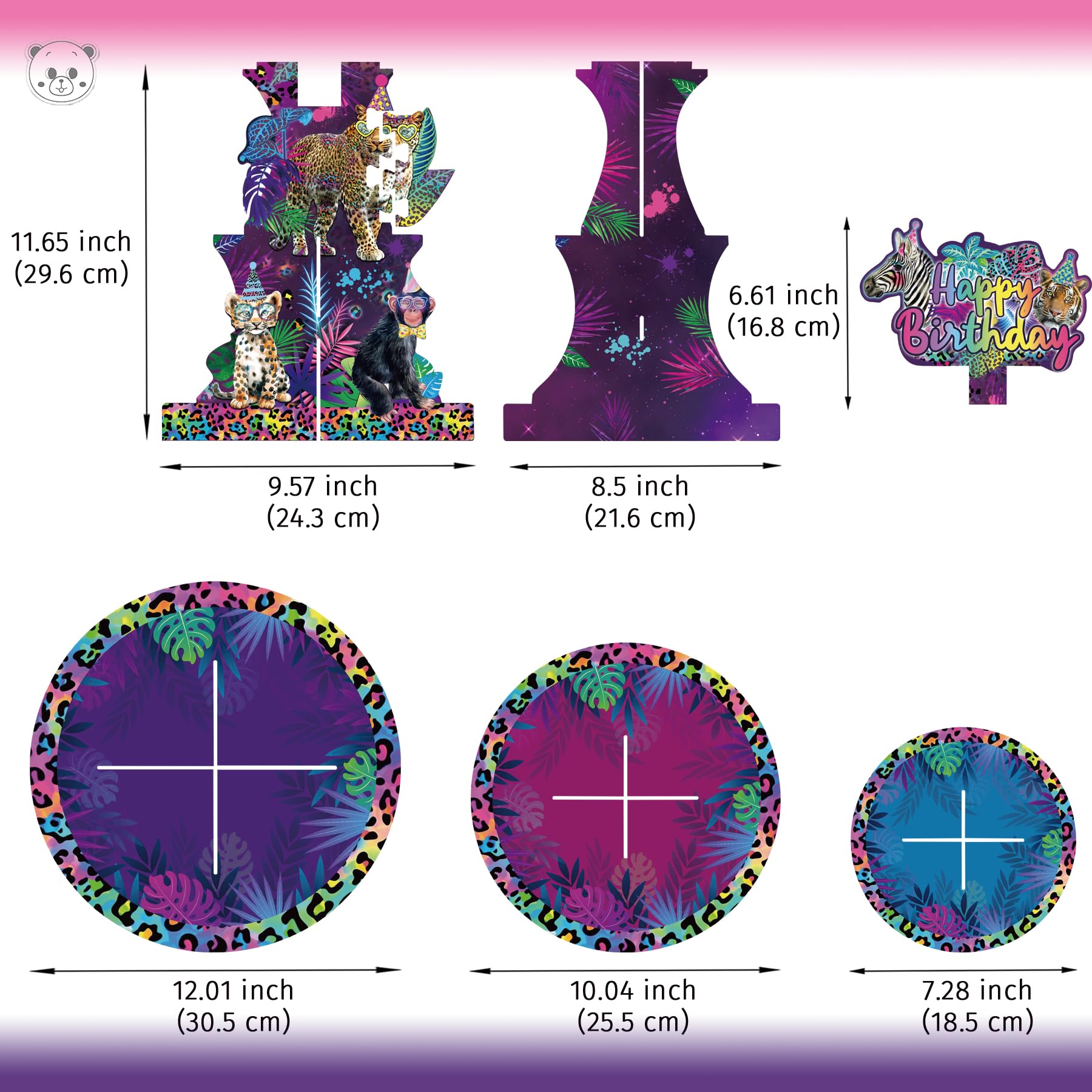 KARAQY Rainbow Neon Leopard Cupcake Stand,Cheetah Birthday Party Decorations 3 Tiers Cupcake Holder for Neon Animals Theme Party Supplies Baby Shower