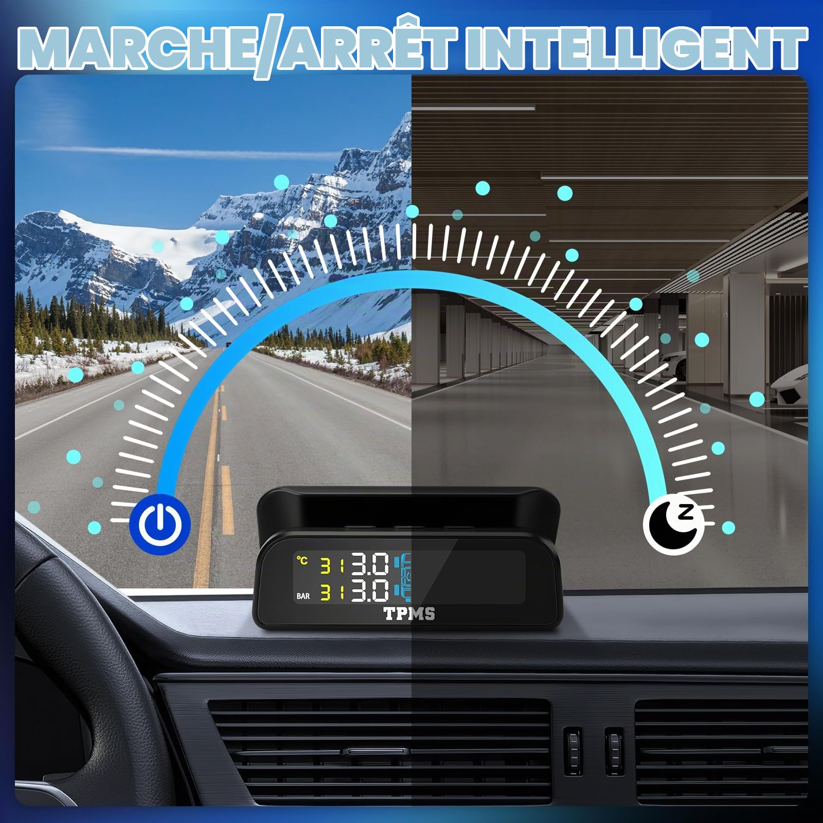 0-3.5bar TPMS SystèMe De Surveillance De La Pression des Pneus Solaire sans Fil & Chargement USB, 5 Modes D’Alarme, 4 Capteur Externe De Pression des Pneus, Universel pour Les Voitures Vans