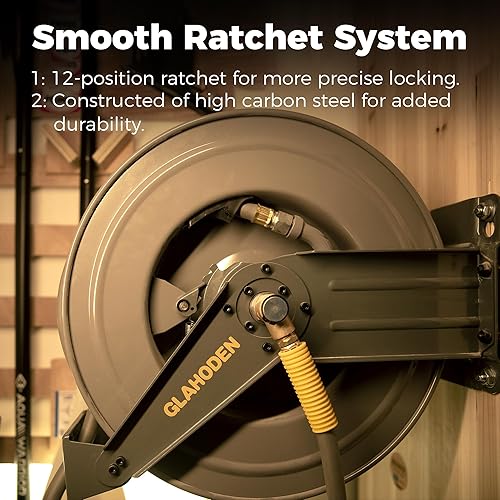 Miniatura 7 de GLAHODEN Carrete de manguera de aire de doble brazo de 50 pies retráctil, manguera híbrida de 12 pulgada, carrete de manguera de compresor de aire