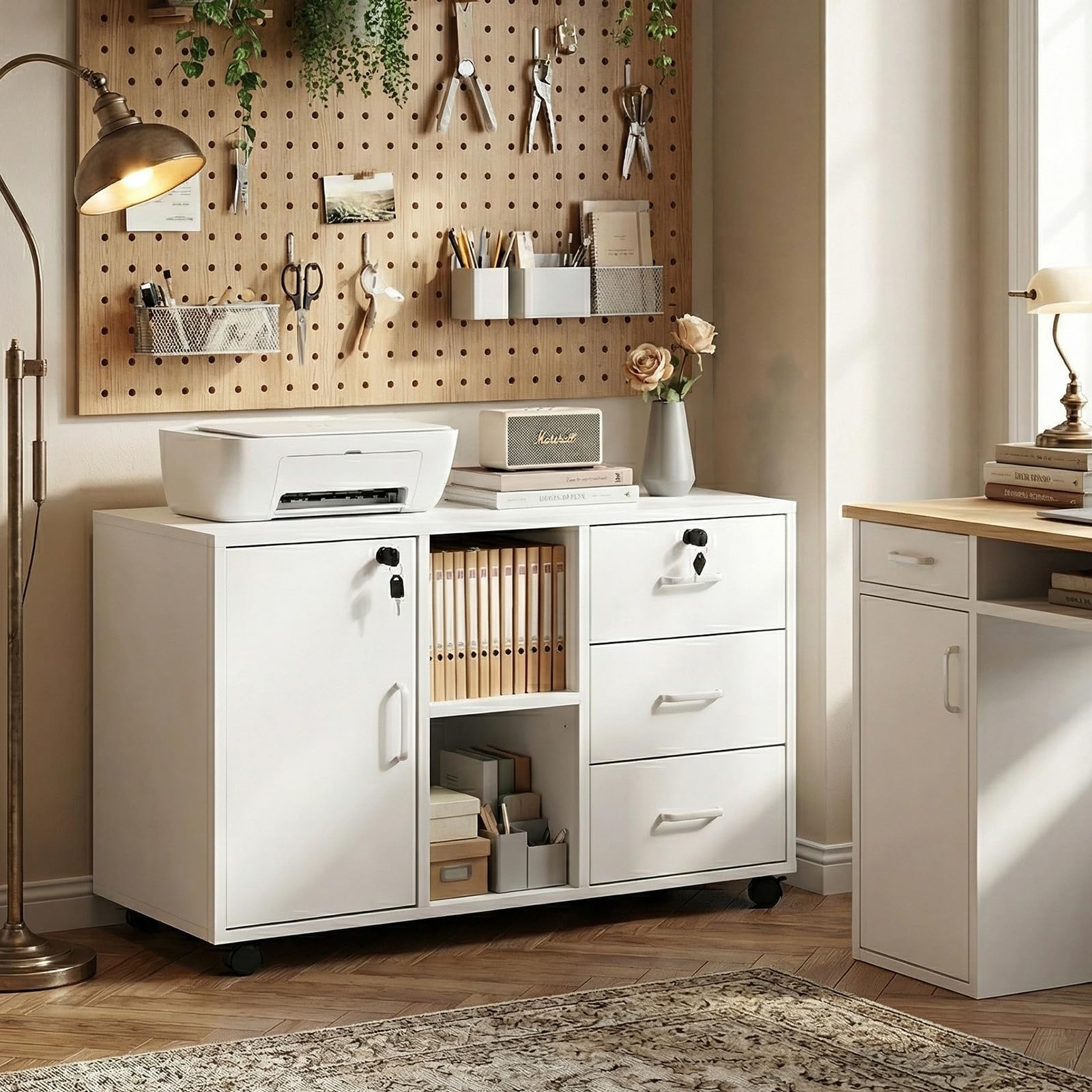 Caisson de Rangement, Meuble Bureau à 4 roulettes, 3 Tiroirs, 2 Compartiments Ouverts à Étagères Réglables,Verrouillable Armoire sous Bureau pour Papier Administratif, Imprimante,Salon,Blanc