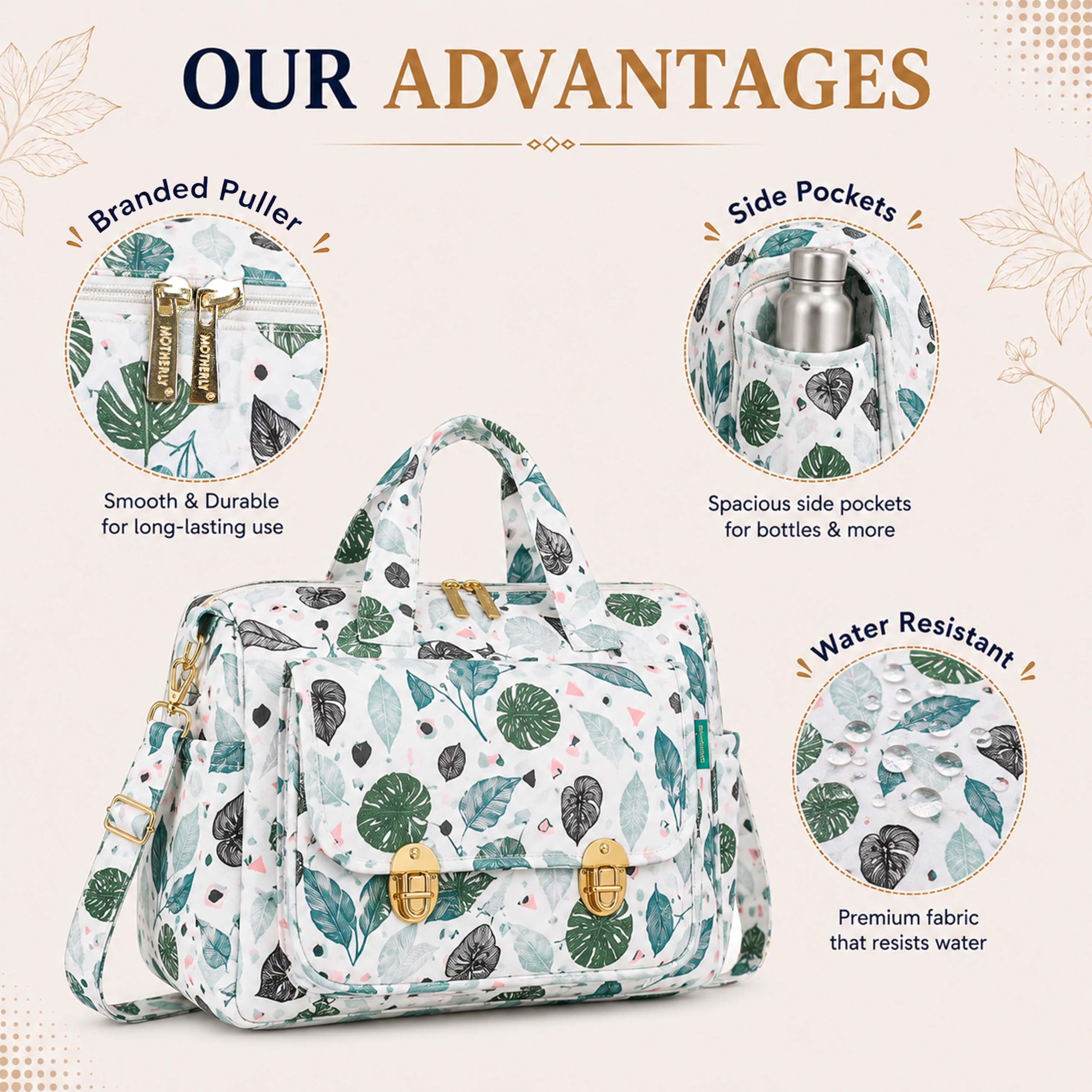 Motherly WOW Tote Diaper Bag for Mothers for Travel, Maternity Bag for Newborn Baby, Multiple Pocket Water Resistant Baby Bag (Green Leaf) 2