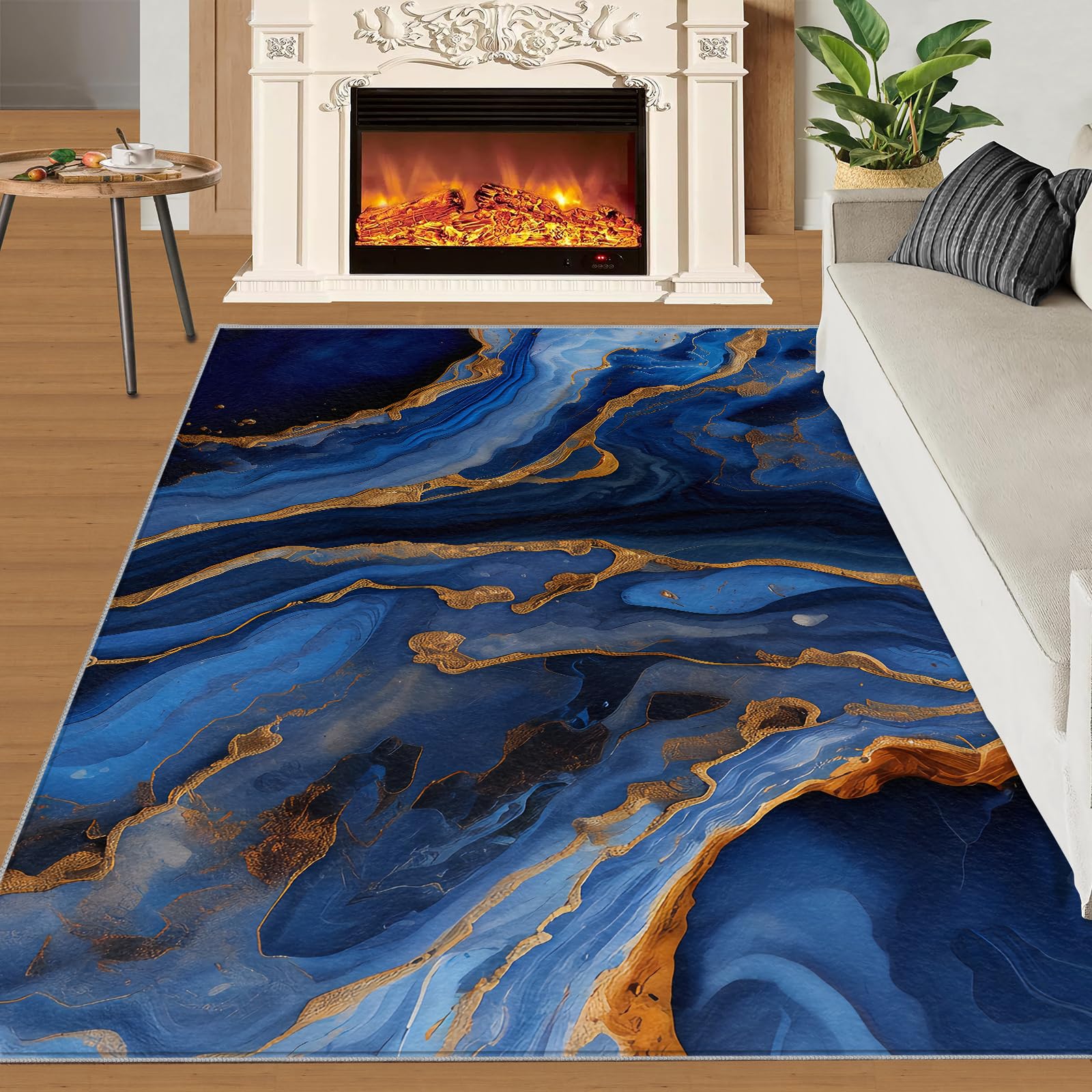 Tapis de sol 80 x 150 cm - Motif marbre abstrait bleu marine - Plaqué or 3D - Pour chambre à coucher, salon, salle d'étude