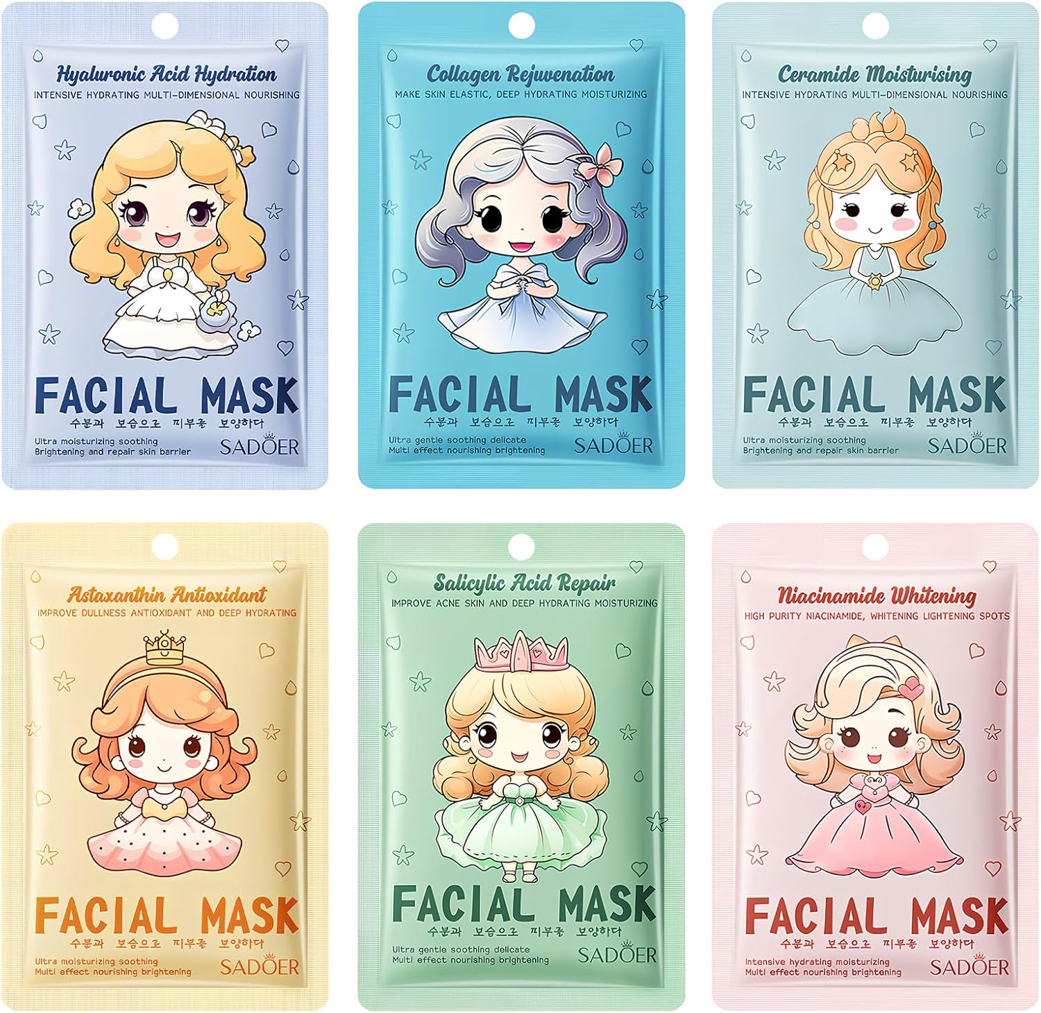 6 Piezas Mascarillas Faciales Hidratantes de Tela – Con Diseño de Princesa de Dibujos Animados – Regalo para Chicas y Mujeres – Cuidado de la Piel Diario