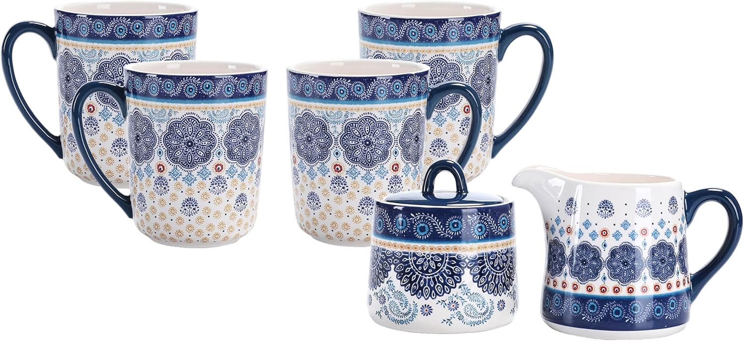 Bico Blue Talavera Ceramic Sugar and Creamer with Mugs Set, Afternoon Tea Set, Microwave & Dishwasher Safe