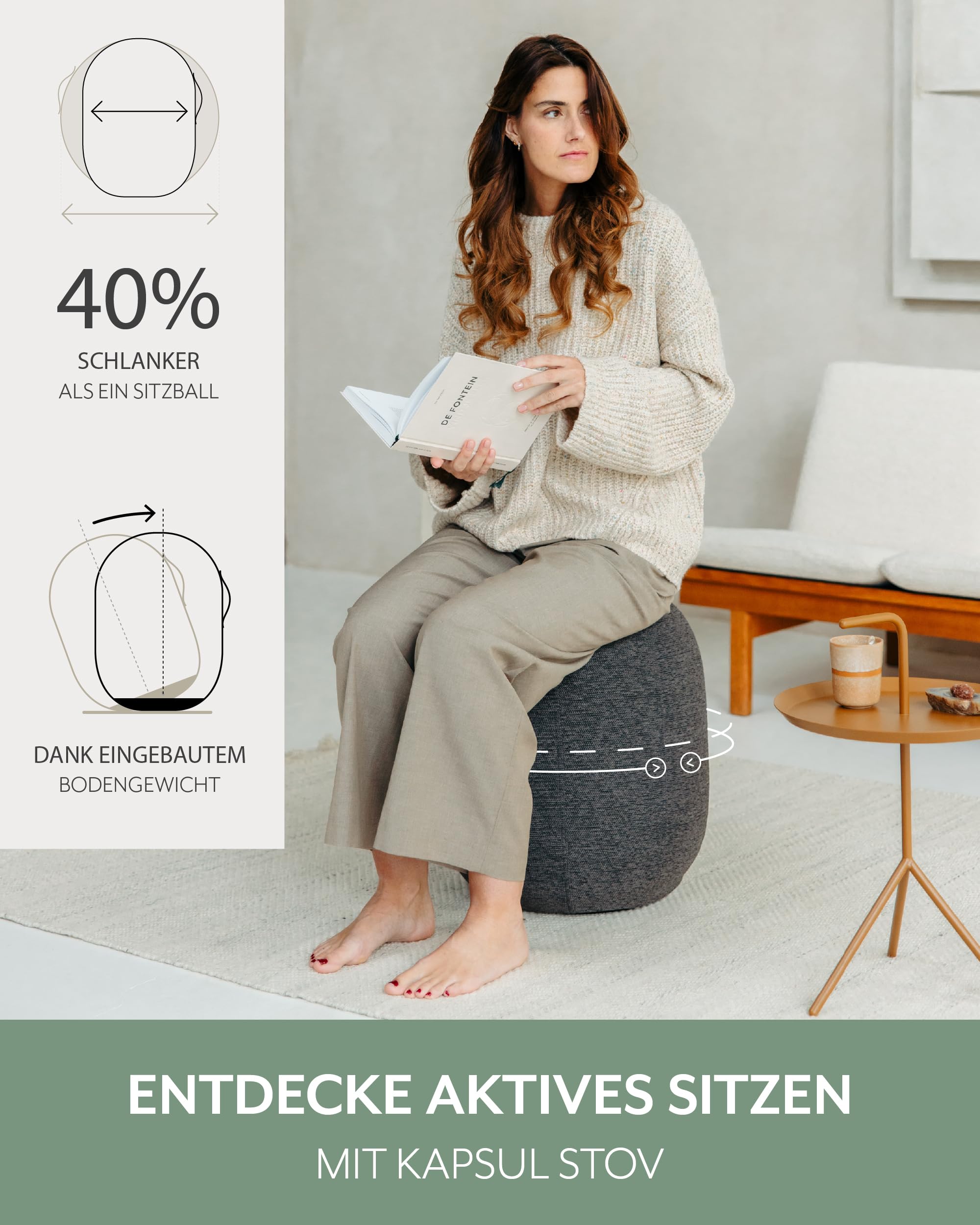 VLUV® Kapsul Stov Tabouret d'équilibre ergonomique avec poignée de transport et protection anti-basculement - Housse en tissu lavable - Anthracite - Taille M