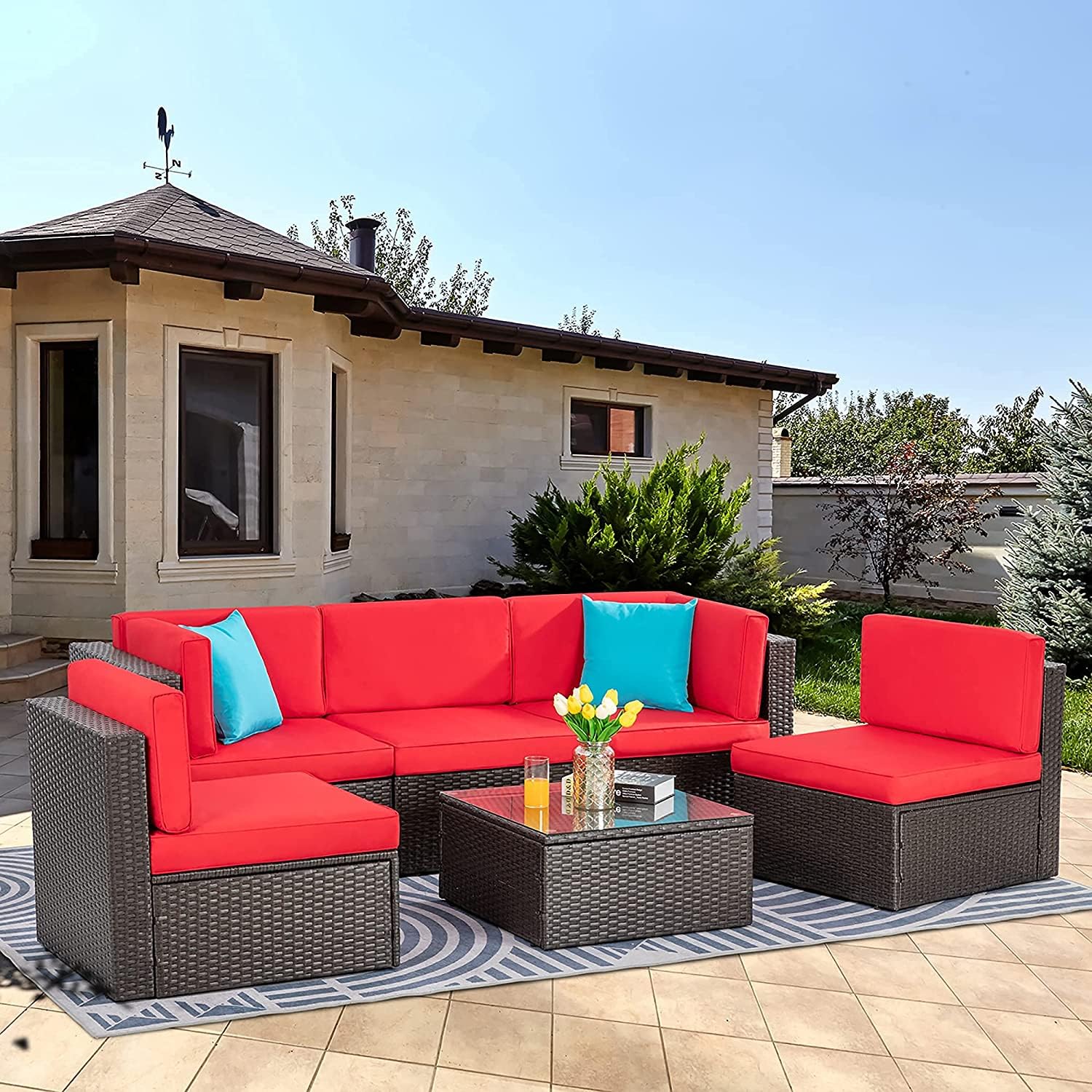 Vongrasig 6 Piece Patio Furniture Set, Small Outdoor Sectional Couch, Red