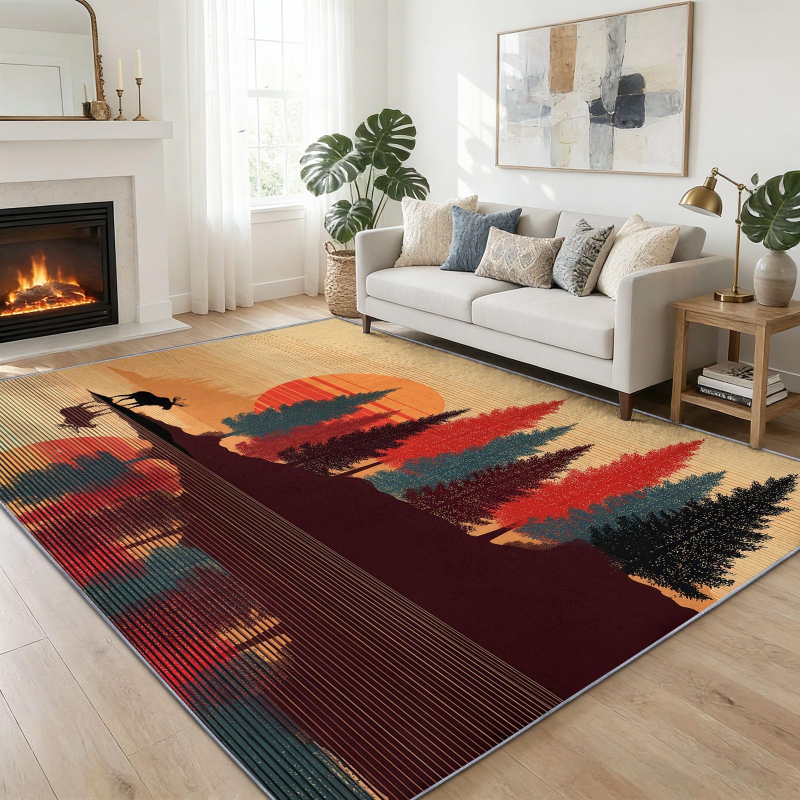 Tapis forêt chasse cerf pour salon et chambre doux