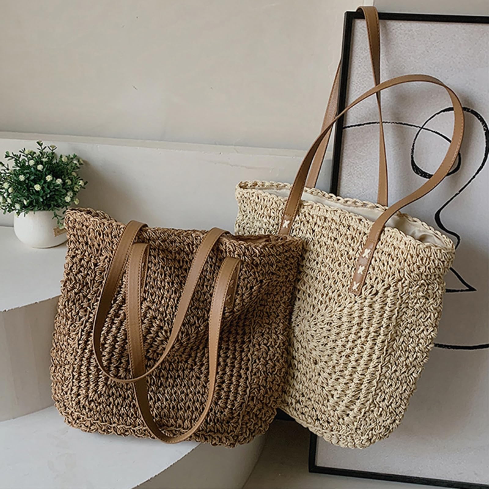 Strohtasche Damen Handgewebte Stroh Strandtasche, Große Kapazität Schultertasche, Frauen Reise Einkaufstasche-Khaki