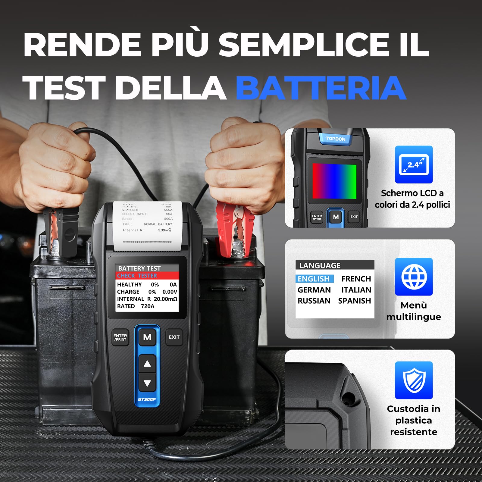 TOPDON Tester Batteria Auto BT300P, 12V 24V 100-2000 CCA Tester per Batterie con Stampante Incorporata, per Test Batterie/Caricabatterie/Sistemi di Ricarica, Adatto per Auto/Solidi/Autocarri Leggeri