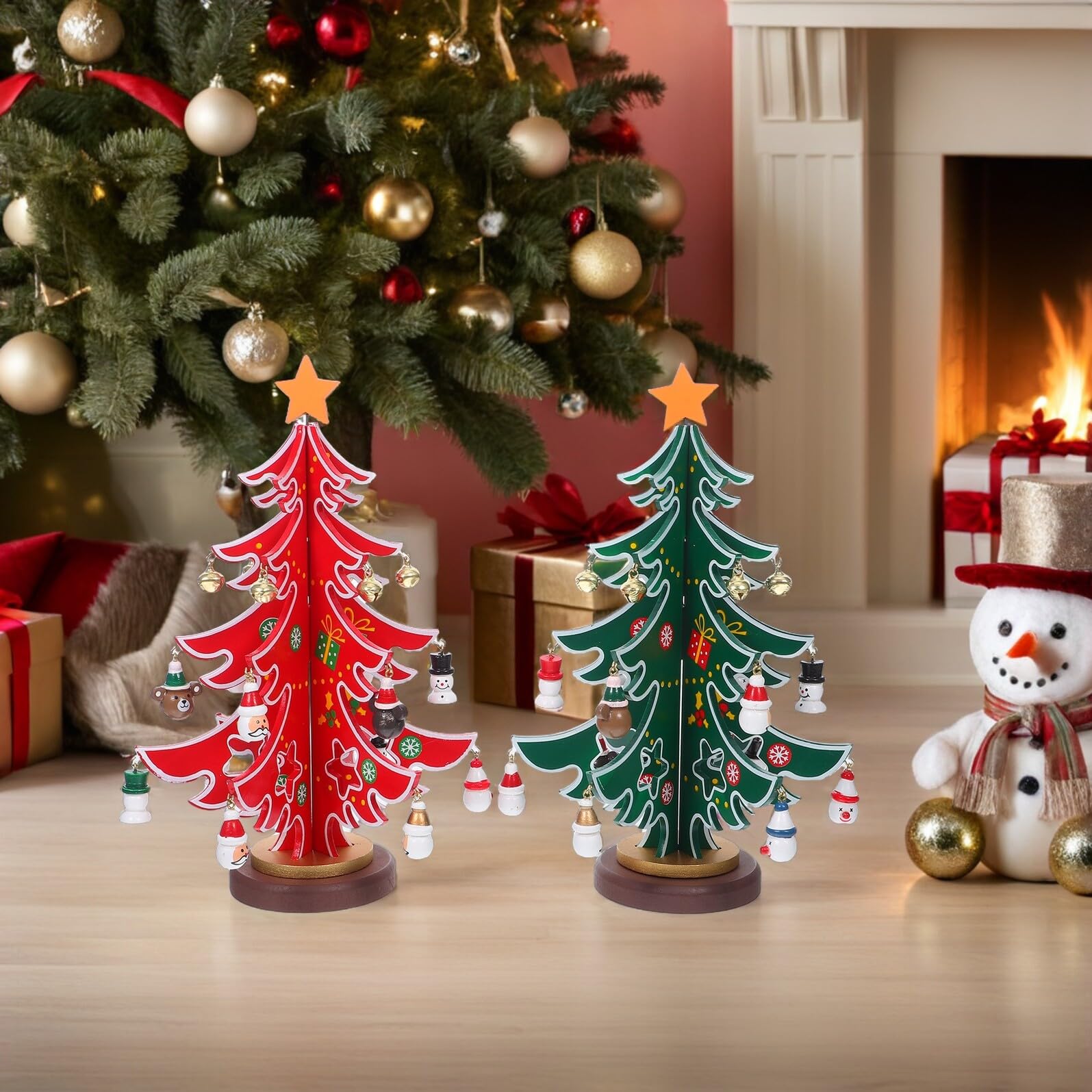 GARVALON 2pezzi Albero di Natale in Legno Mini da Tavolo con Ornamenti Appesi Decorazioni Natalizie Piccole per Ufficio e Casa