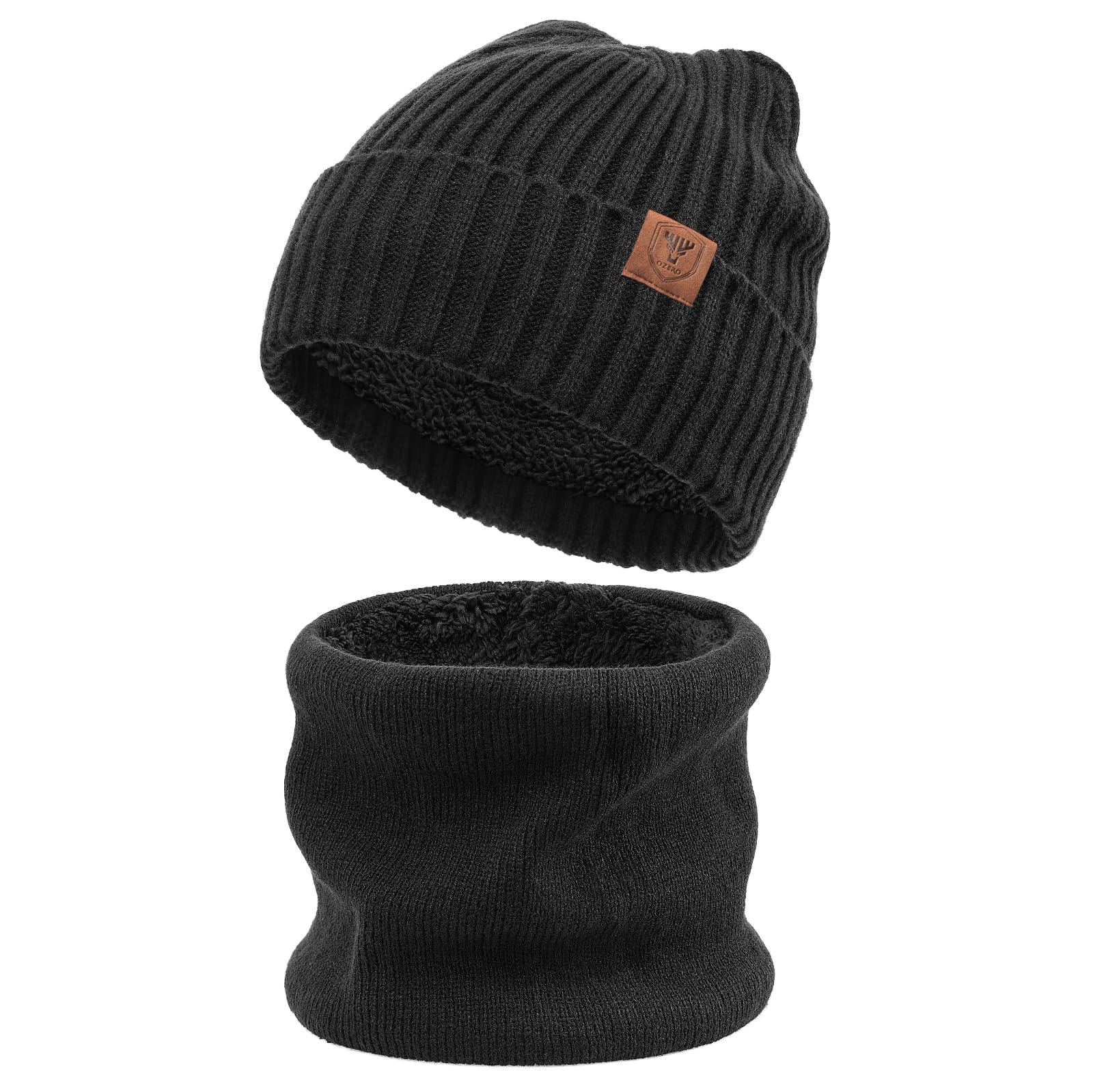 OZERO Winter Beanie Hat Scarf Set: Thermal Thickened Fleece Lining Knit Hat and Neck Warmer for Skiing Runing Cycling Snow Day Warm Gifts for Men and Women - Black/Grey