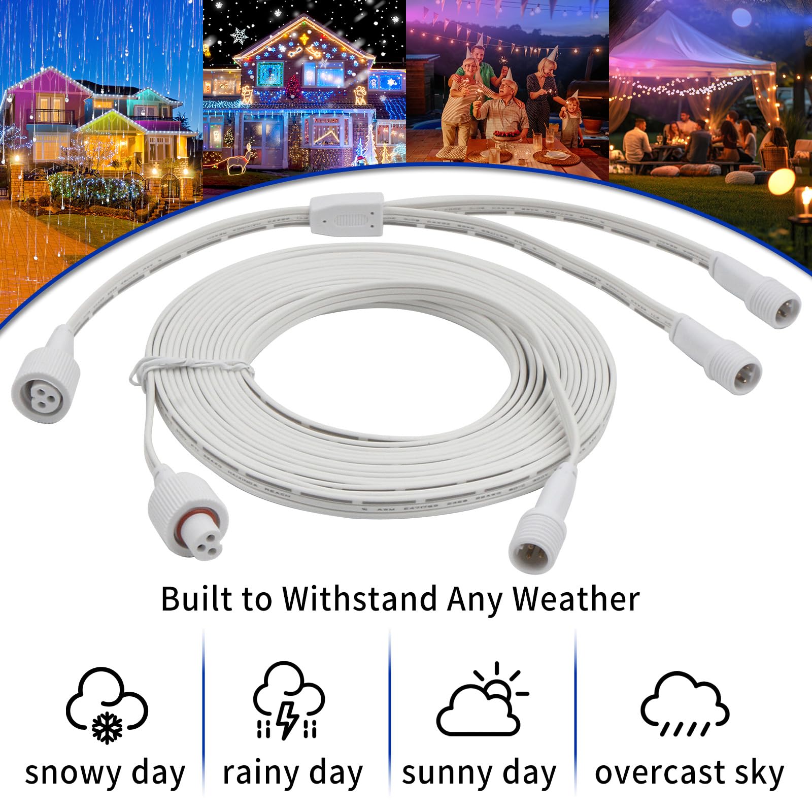 Cable de extensión para exteriores de 9.8 pies para luces Govee, cable divisor en Y impermeable IP68 de 3 pines, cable de alimentación de iluminación permanente para patio, jardín, techo, decoración