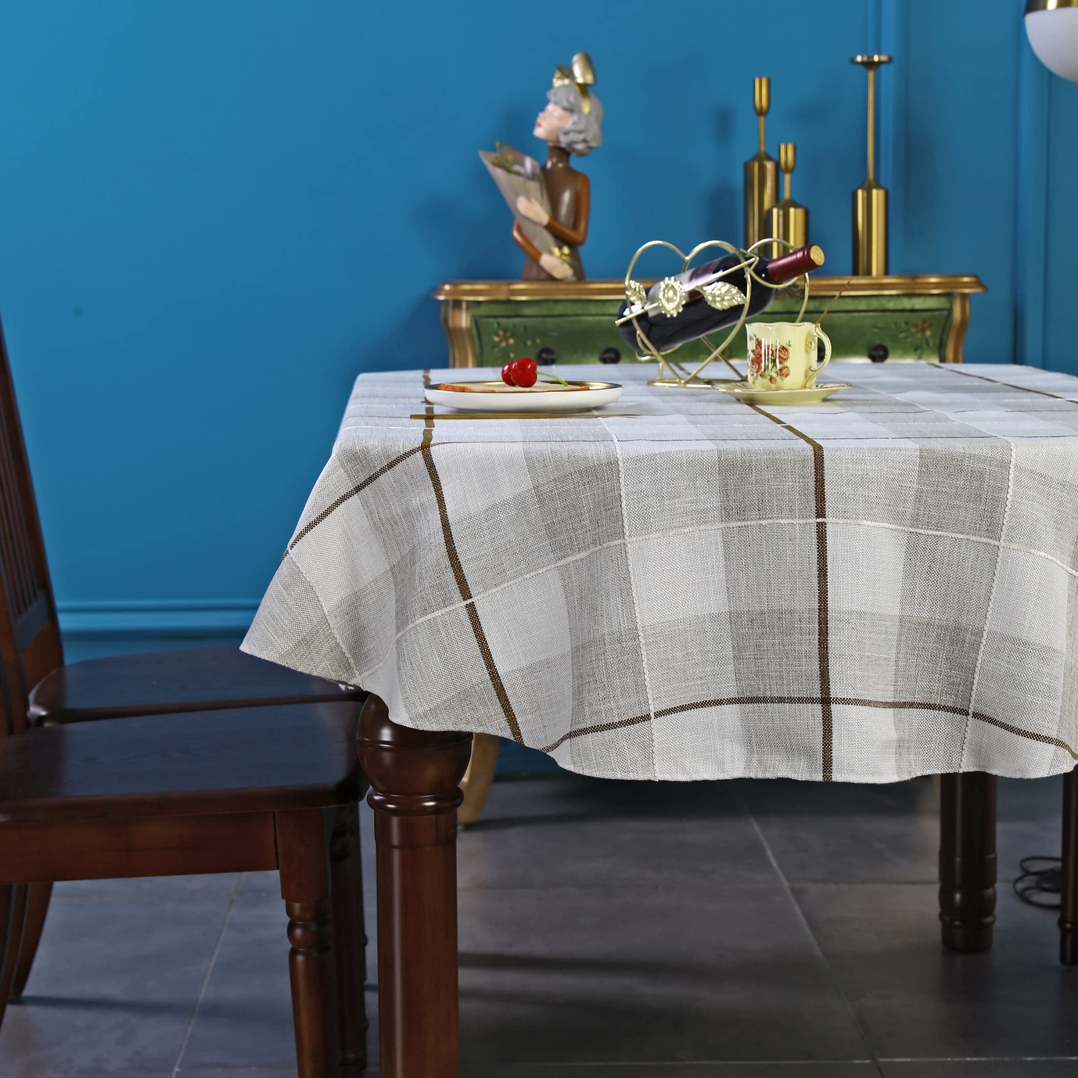 Tovaglia quadrata ricamata a scacchi, rustica resistente alle pieghe, per cucina, sala da pranzo, feste, vacanze, a strisce marroni, 140 x 140 cm