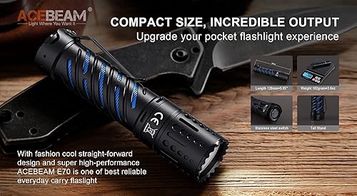 Miniatura 3 de Acebeam Linterna LED de cobre E70 -4600 lúmenes hasta 787.4 ft de alcance 5000K blanco cálido - Batería no incluida