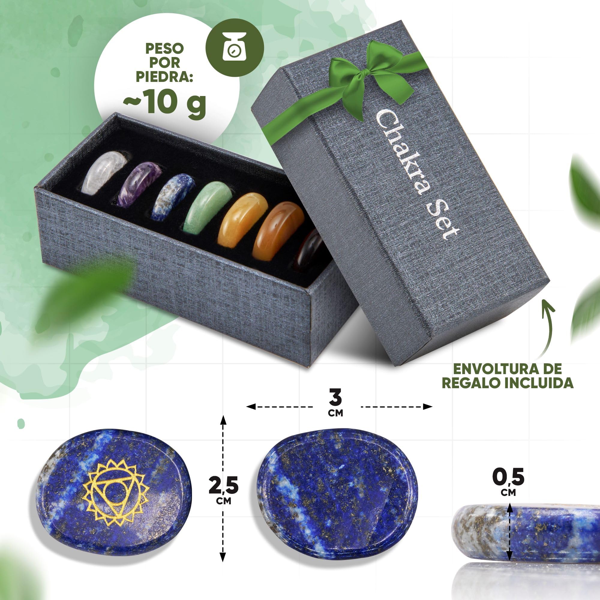 PURAJA Conjunto de Chakras Premium con los 7 principales cristales | Set de piedras curativas de cristales | Piedras de los Chakras con símbolos | Piedras curativas artesanales para meditación