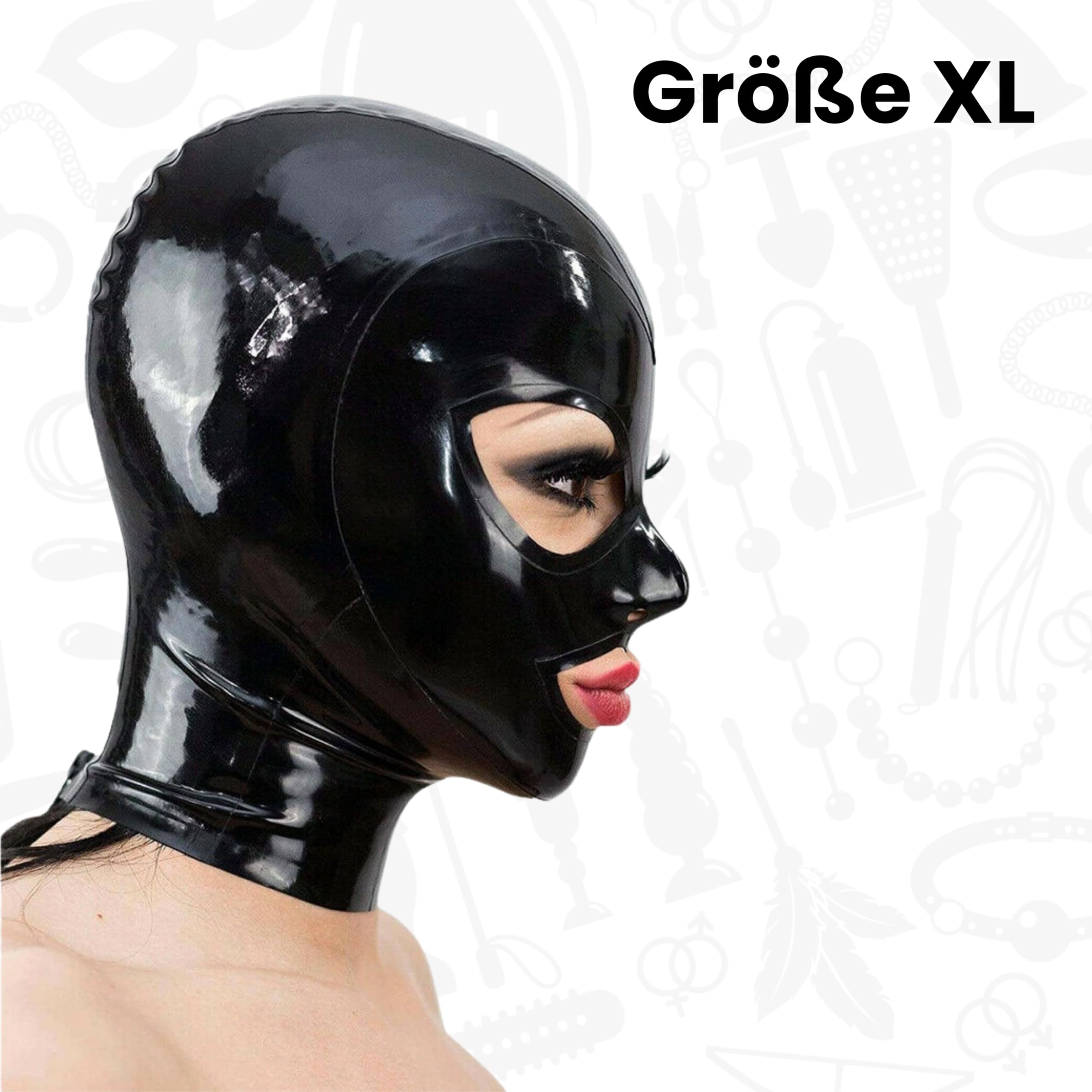 Fops Masque en Latex Sensuel XL Noir – Cagoule Intégrale Yeux et Bouche Ouverts, Extensible et Brillant pour BDSM, Jeux de Rôle et Contrôle B23-8