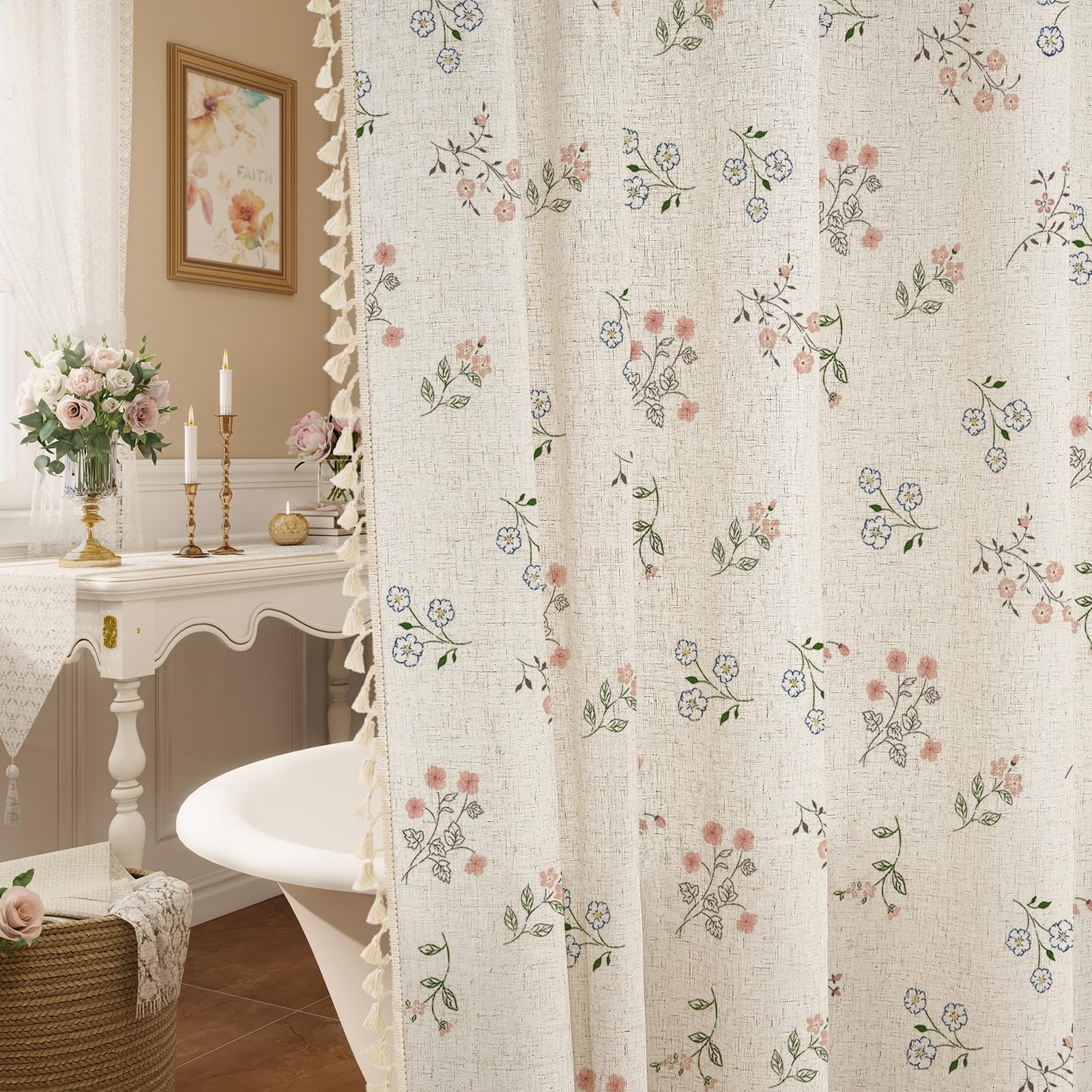 Farmhouse Floral Linen Shower Curtain with Tassels, Boho Vintage Spring Shower Curtains for Cottage Chic Bathroom Decor, Colorful Garden Botanical Fabric Bath Curtain, French Country Style, 72 x 72