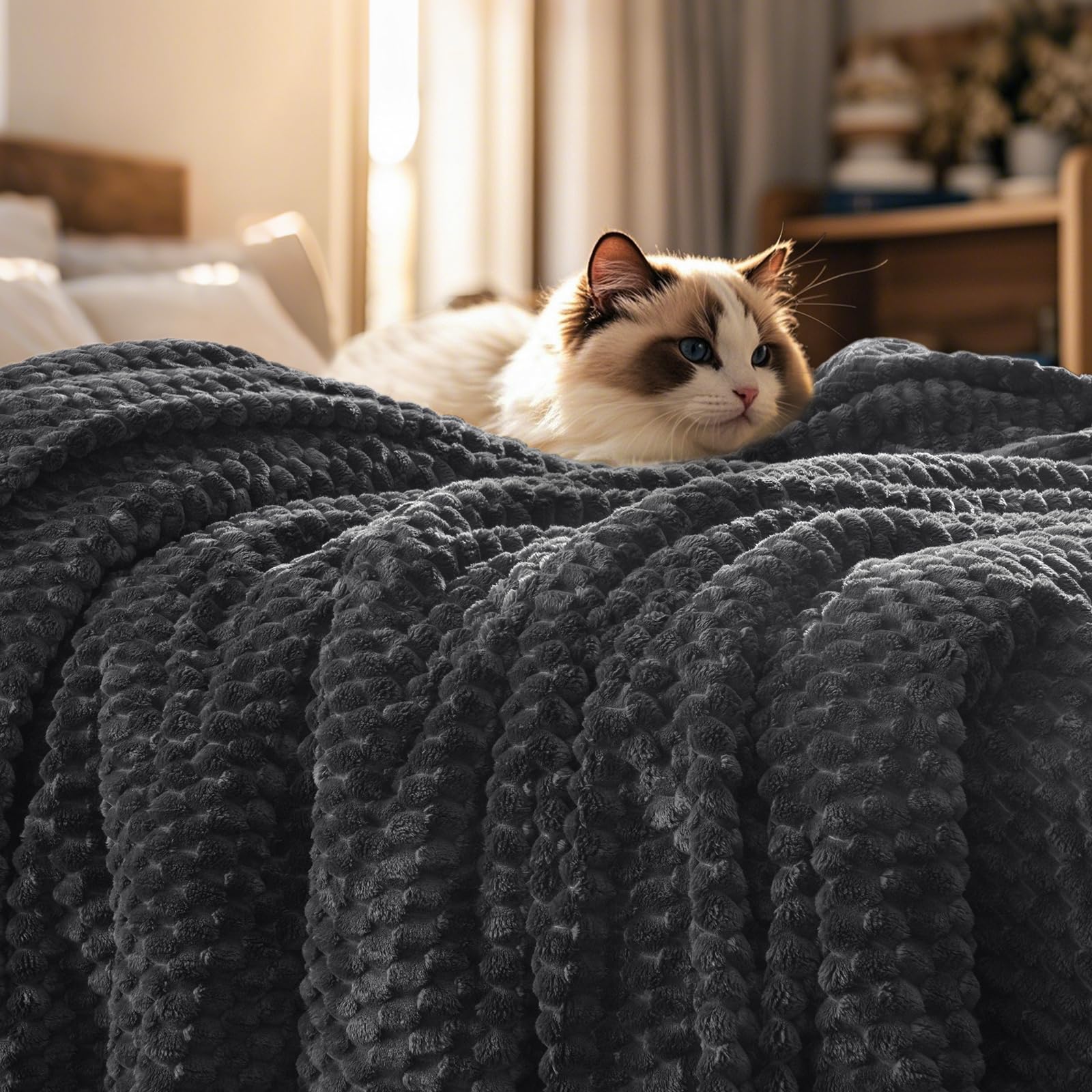PHF Kuscheldecke Fleecedecke Flauschige Decke 229x229cm, Oeko-TEX® Zertifiziert Exquisite und Warme Leichte Wohndecke, 3D Jacquard Blanket für Sofa Bett Dark Grey, Dunkelgrau