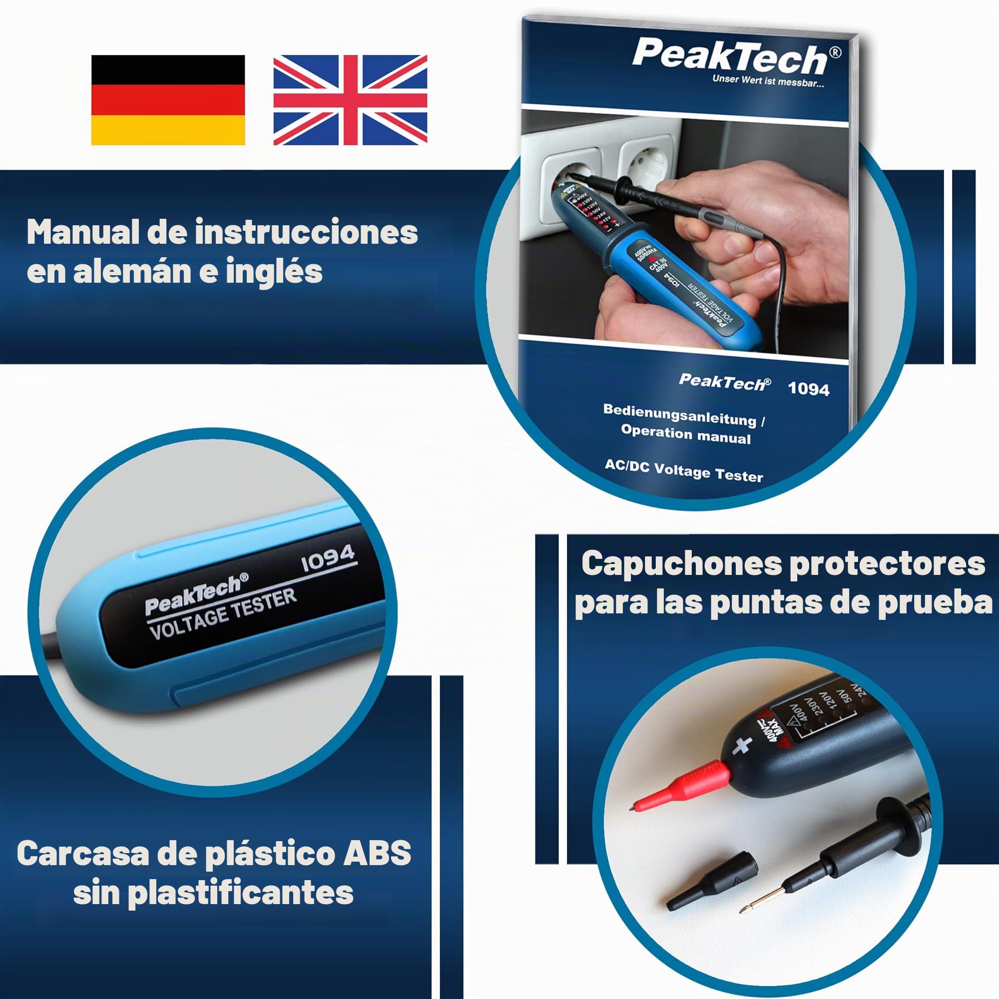PeakTech, P1094, Comprobador de tensión digital bipolar CA/CC de 12 V a 400 V, Comprobador de corriente de calidad con pantalla LED y señal acústica de advertencia, Voltímetro con clase de protección