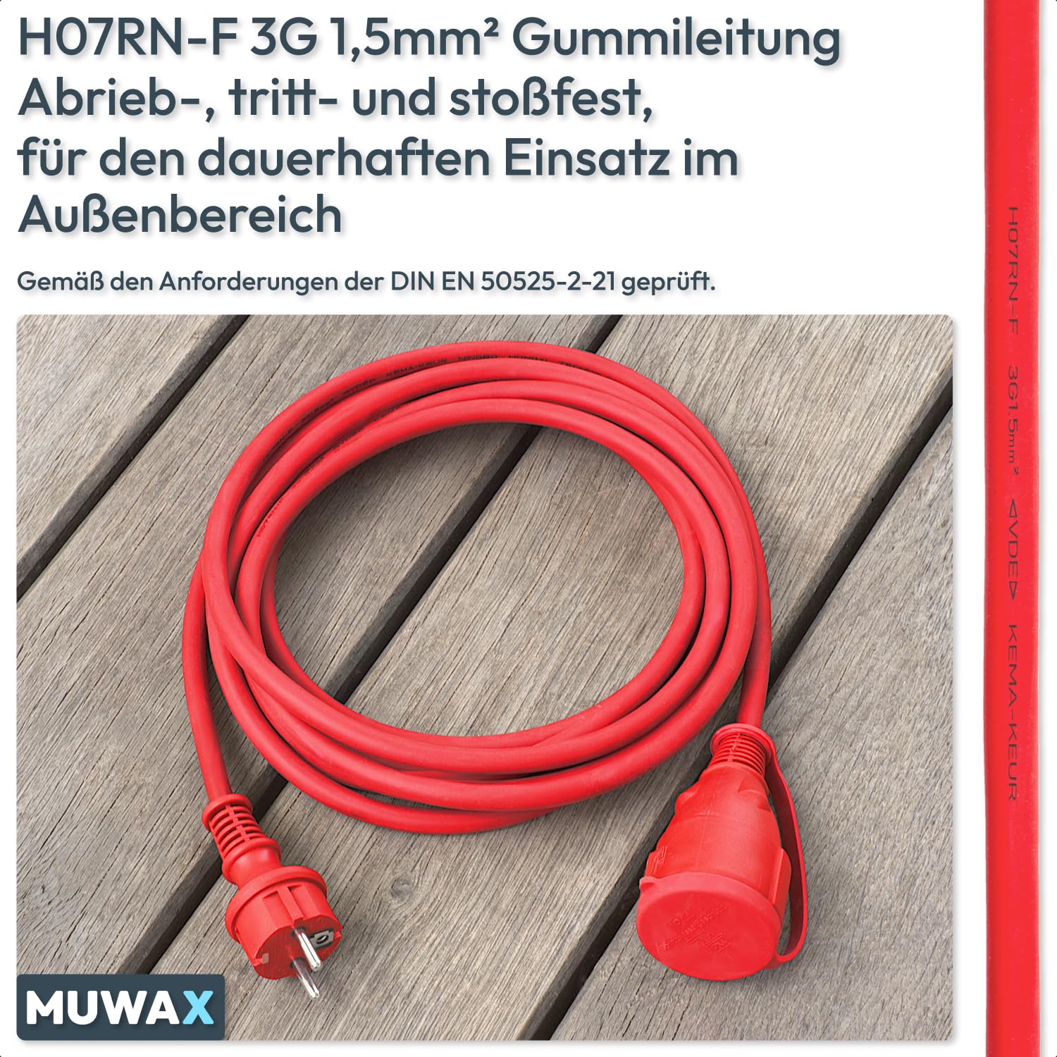 Rallonge en Caoutchouc 40 m pour Chantiers, ateliers, Industrie, pour Usage extérieur Permanent et Fortes contraintes mécaniques H07RN-F 3G1,5 mm² Rouge