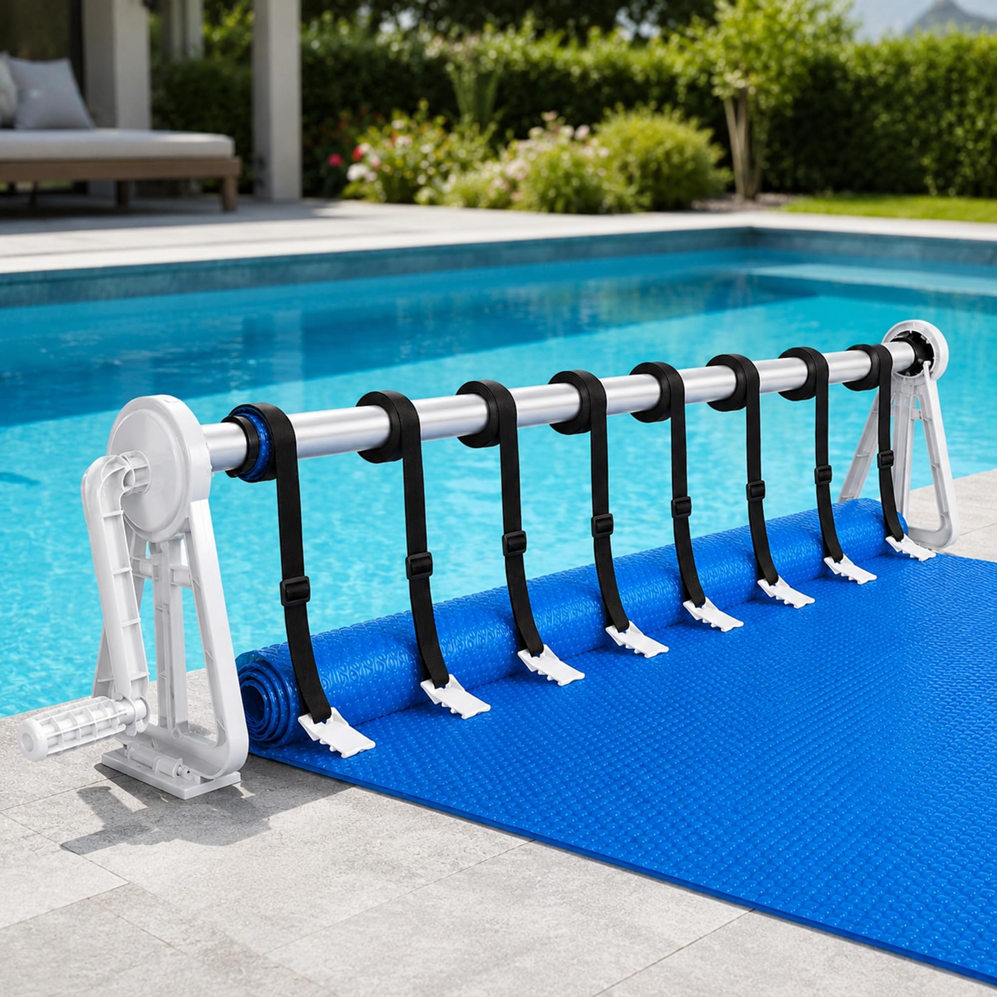 Mucola Aufrollvorrichtung Pool Solarfolie 100-600 cm – Aluminium Teleskopstange stufenlos verstellbar mit Standfüßen und Befestigungsgurten | Poolzubehör für müheloses Aufrollen der Poolabdeckung