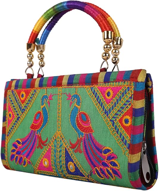 Craft Trade Green Clutch Bags for Women - Rajasthani Hand Embroidered Mini Hand Bag Women's Cluches for Wedding Party Gifts