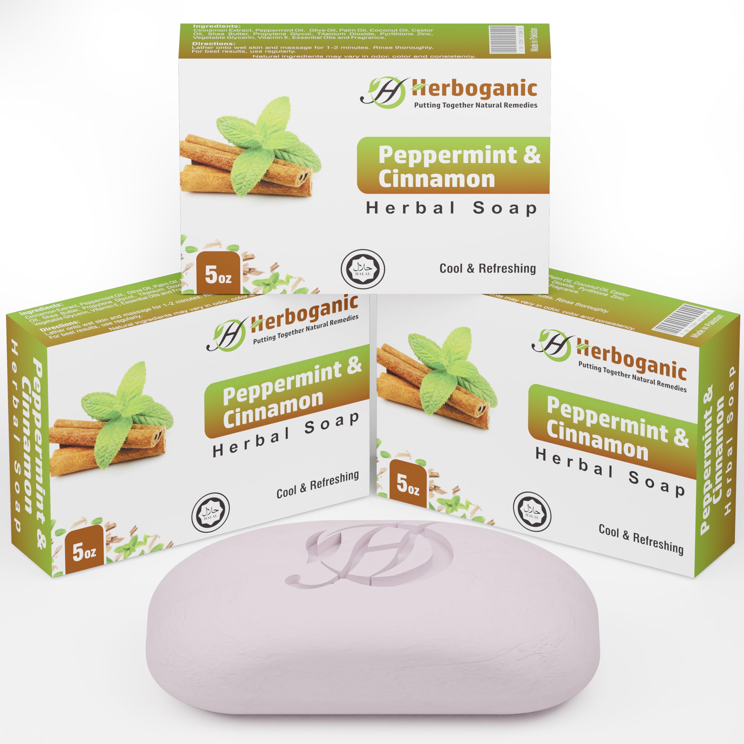 HERBOGANIC Peppermint and Cinnamon Herbal Soap | Pack of 3 of 5oz soap Bar | Natural Bar Soap for Face and Body | Hydrating and Nourishing | Suitable