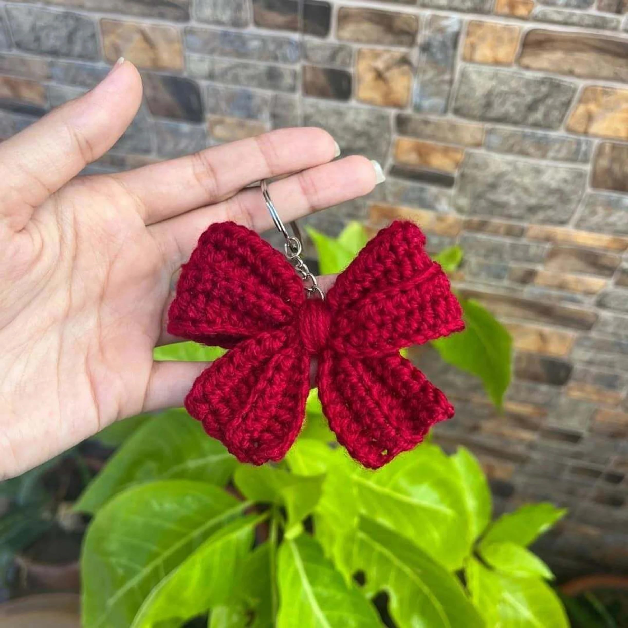 Crochetalesbysonam Crochet Bow Keychain, Red, Cotton Yarn, Bohemian Style, Split Ring Closure-image-25