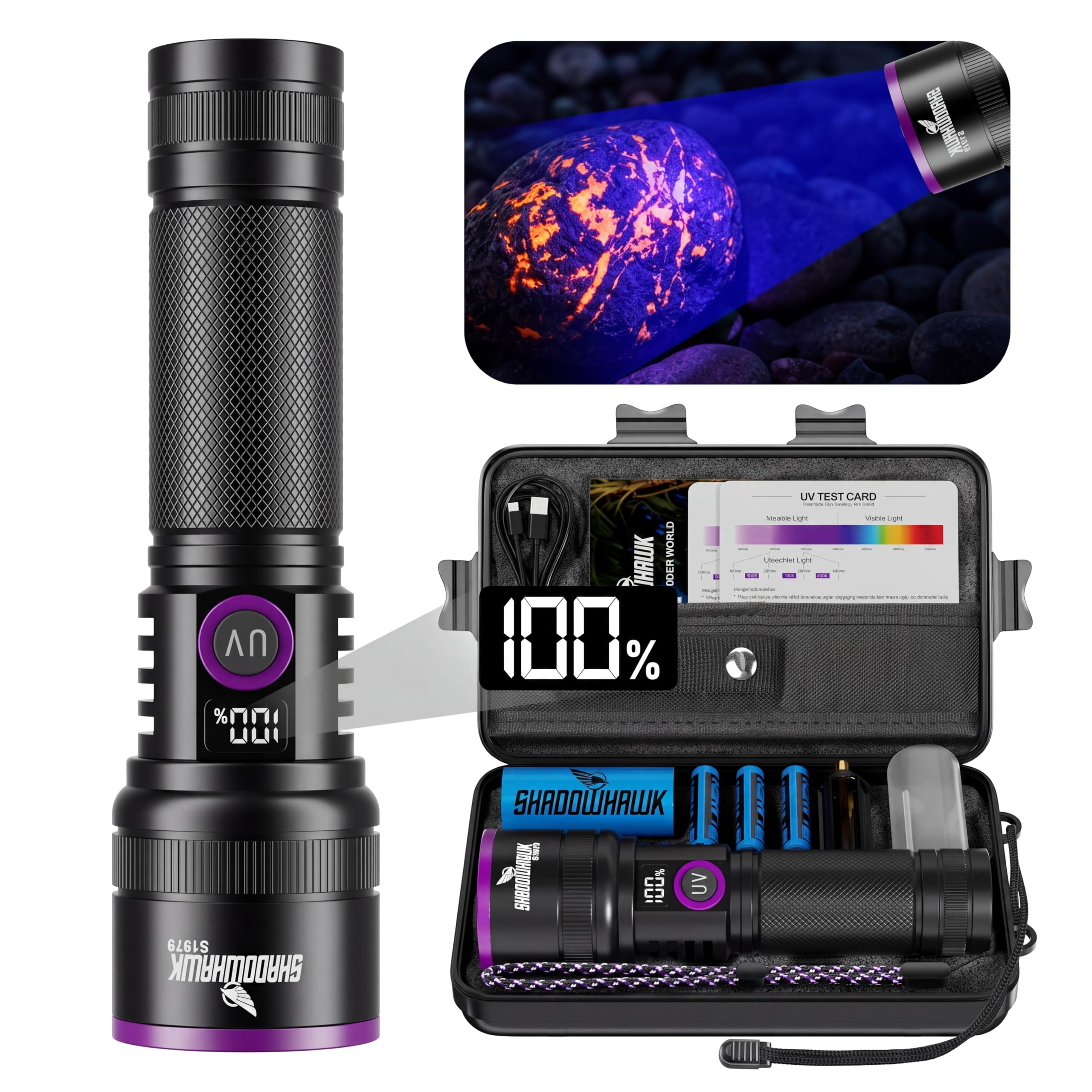 Shadowhawk 365nm Lampe Torche UV Avec Lentille Filtrante - 30W Lumiere Noire 4-Cœurs Lampe Ultraviolet Rechargeable, Alliage D'aluminium Lampe Wood pour Détecteur d'Urin/Roche/Fluorescéine/Banknotes
