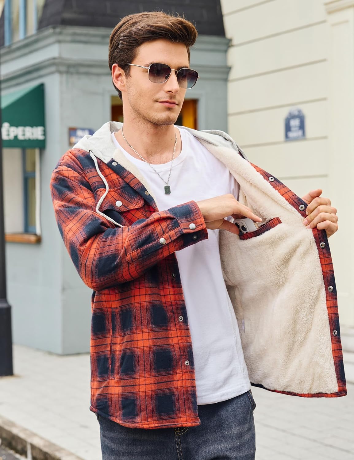 Cotrasen Flannel Jacket for Men with Hood Sherpa Lined Fleece Plaid Shirt Jacket Cotton Soft Warm Winter Coat with 5 Pokects