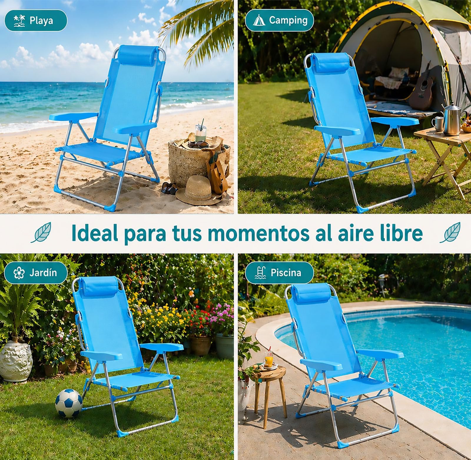 Silla de Playa Plegable Reclinable de Aluminio, 4 Posiciones Ajustables, Ligera y Portátil, Respaldo Alto con Reposabrazos, Silla Baja para Playa, Camping, Jardín y Piscina, Color Azul Liso