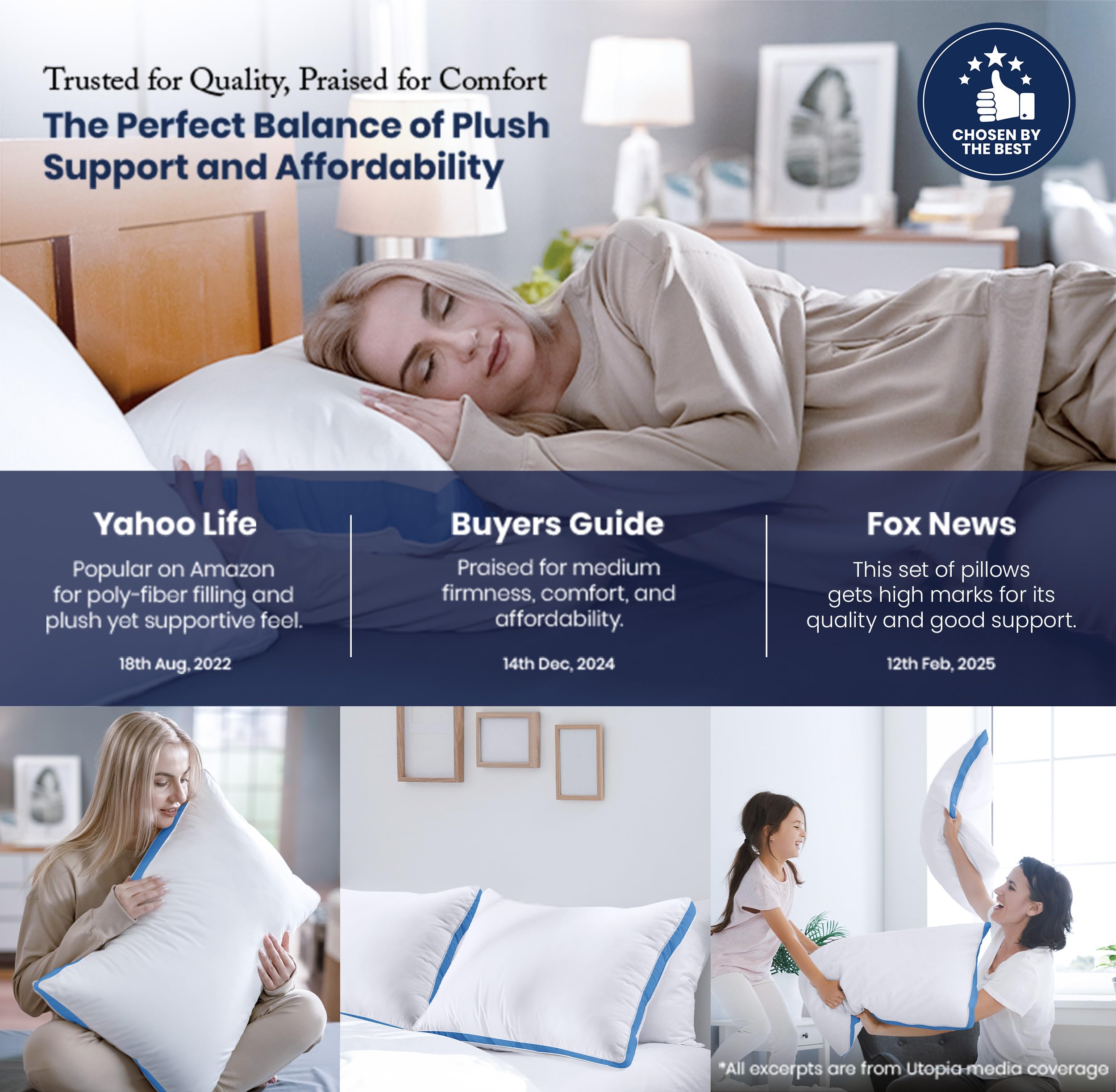 Utopia Bedding Bed Pillows for Sleeping Queen Size (White), Set of 2, Soft & Fluffy Pillow with Down Alternative Filling, Cooling, Hotel Quality, Gusseted Pillow for Back, Stomach or Side Sleepers: Blue Queen (Pack of 2)