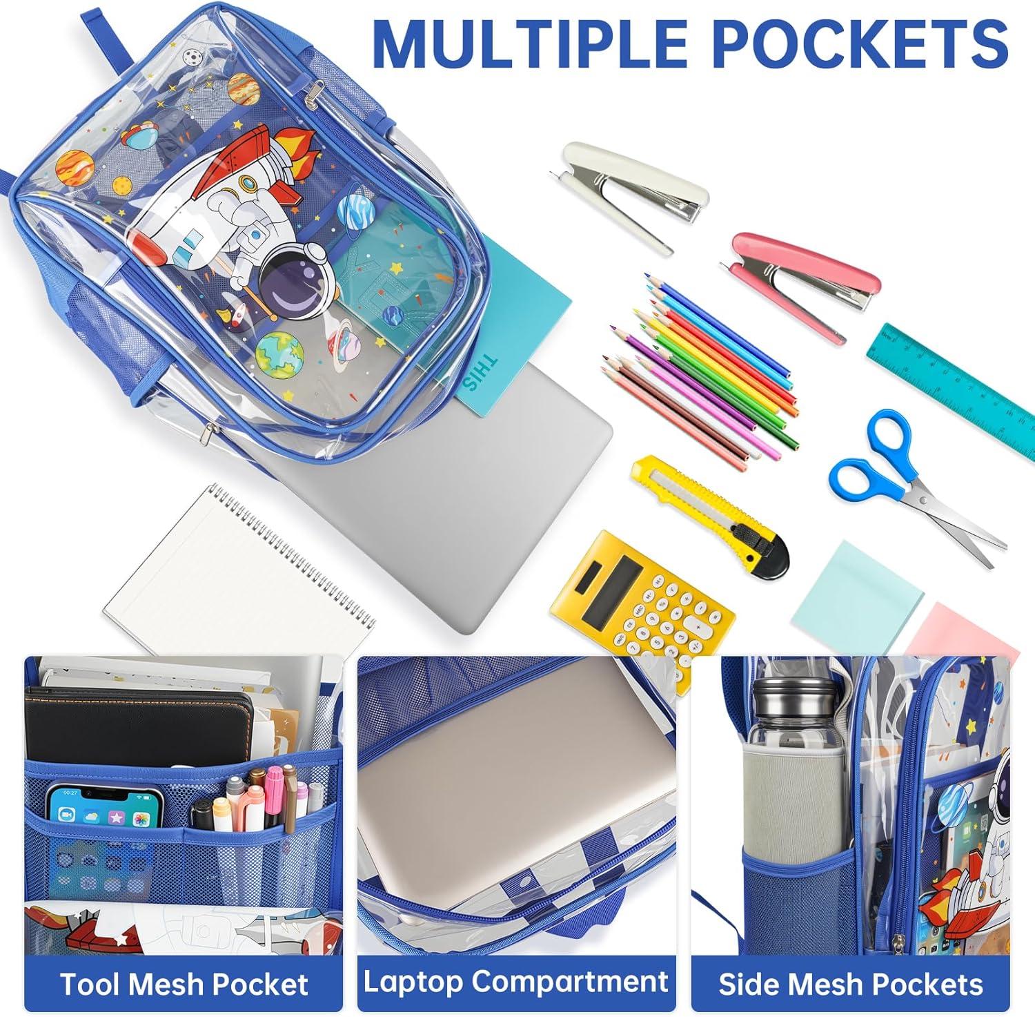 Clear Backpack for Boys Girls - 3 Pcs Astronaut Transparent Backpack Heavy Duty with Lunch Bag Pen Case - PVC Clear Bookbag for Kids Kindergarten Elementary School Travel Stadium Events