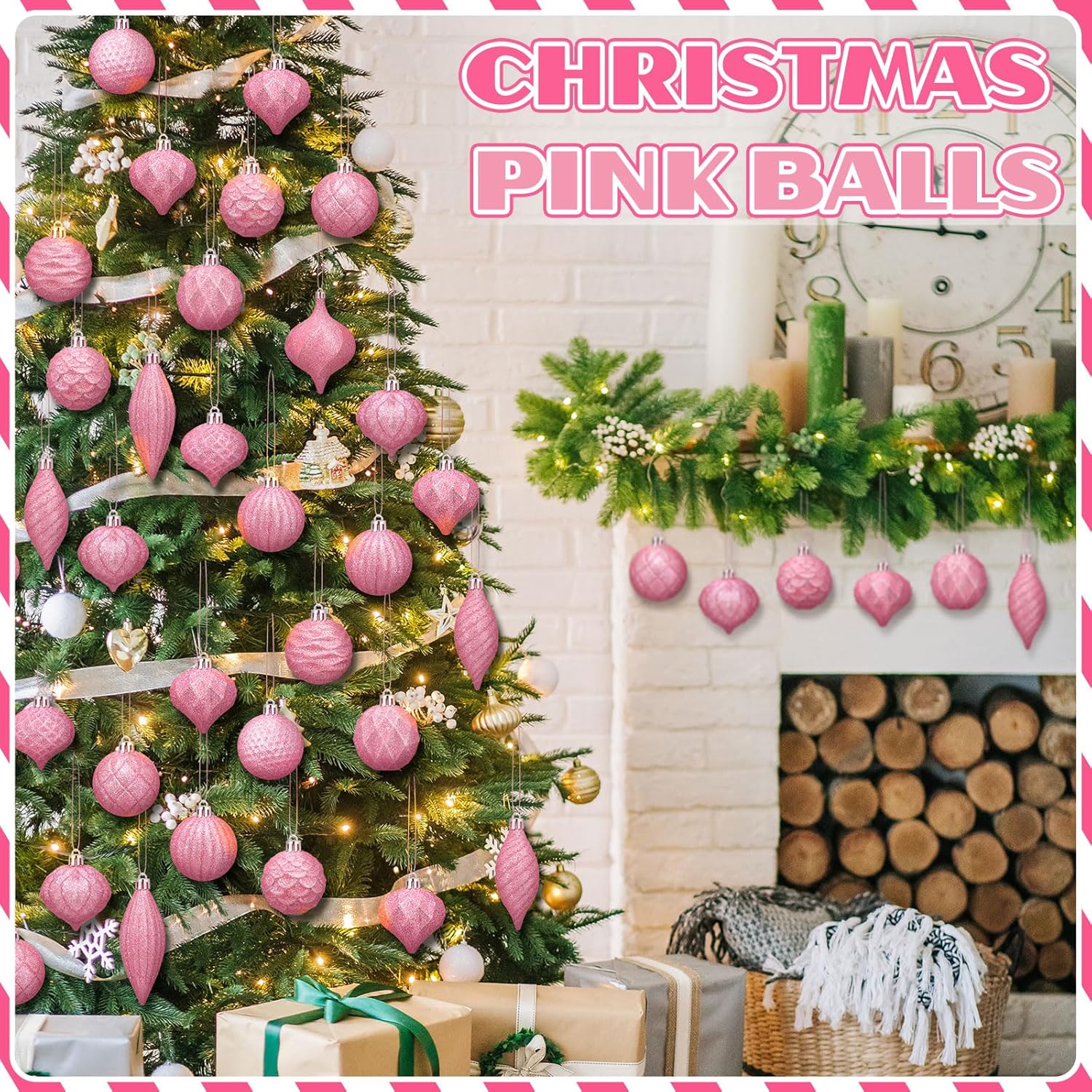 Syhood 24 Pcs Pink Ball Ornaments Textured Various Shapes Shatterproof Hanging Decoration with Glitter 2.36-4.72 Inches for Holiday Wedding Xmas Party Supplies - Image 2