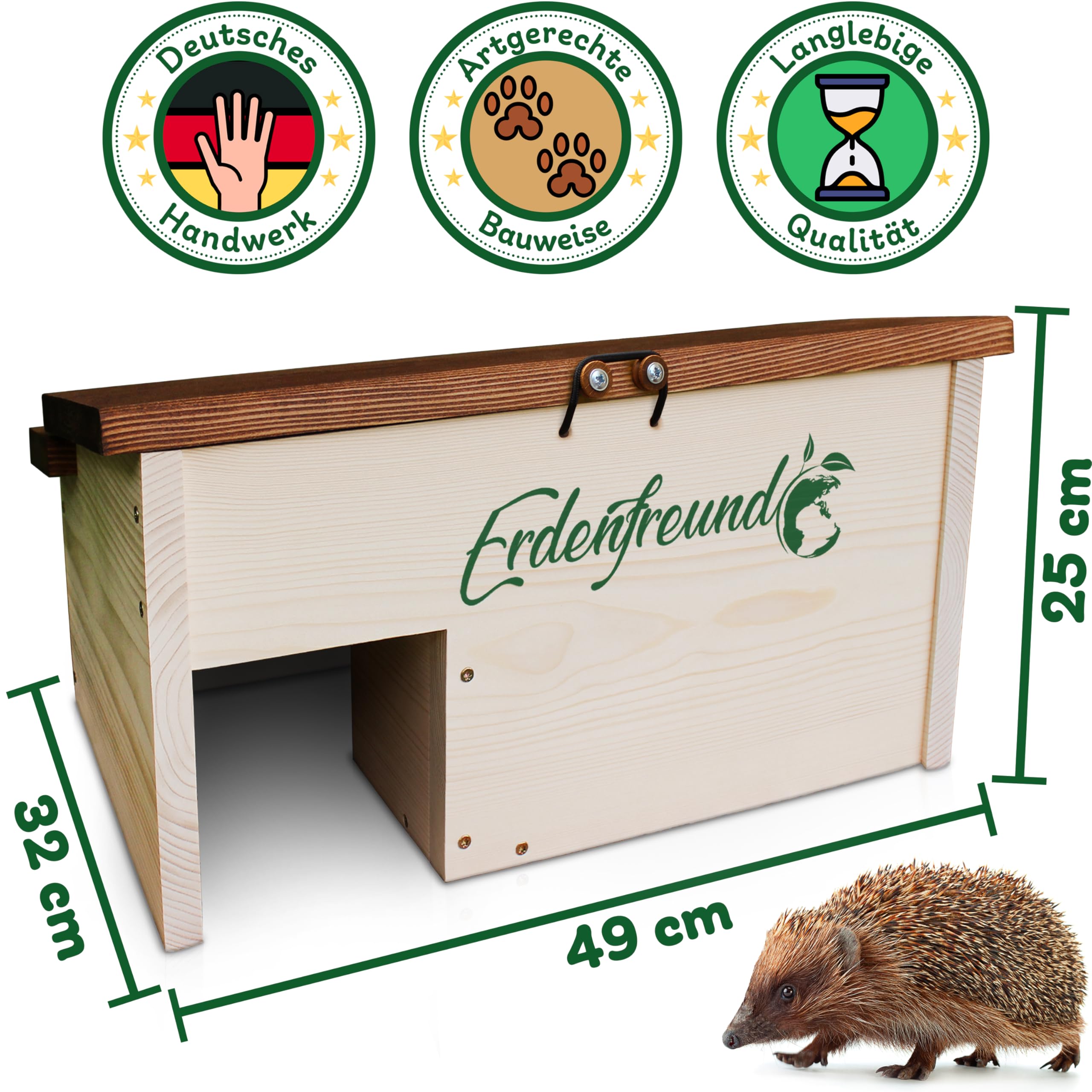 Erdenfreund® Casetta per ricci con chiusura di sicurezza sul tetto e ingresso labirinto contro Fressfeinde riccio e nidificazione per una famiglia di ricci (casa invernale per ricci)