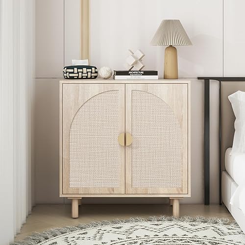 Aparador de ratán de 2 puertas - Armario de buffet con almacenamiento, armario de almacenamiento de acento, creenza de madera bohemia para sala de