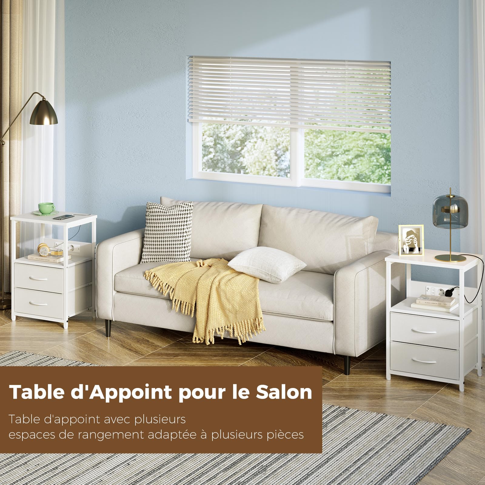 Rolanstar Table de Chevet Moderne avec LED, Prise et USB, 2 Tiroirs de Rangement, Table de Nuit Idéale pour Chambre, Salon ou Bureau – Blanc, 1 Pièce