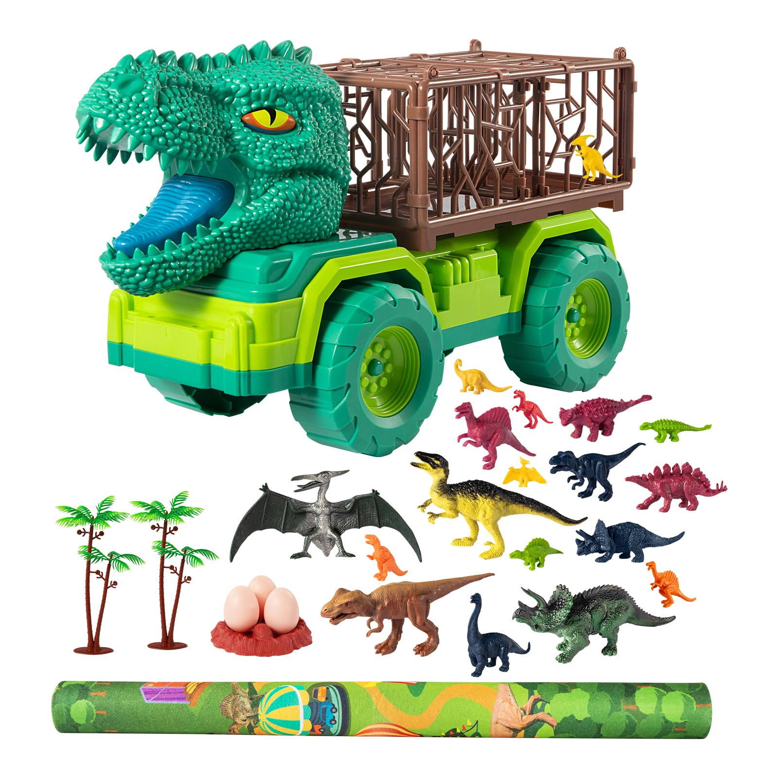 SNAEN Dinosaur Toys Truck Playset for Kids 3 4 5 6 7 Years, New T-rex Dino Carrier Vehicle with 18 Dino Figures & Play Mat, Eggs, Capture Dinosaurs Gift for 3 4 5 6 7 8 9+ Years Old Boys