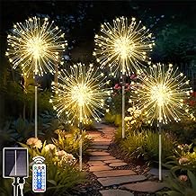 4 x 120 LED Solar Garden Outdoor Fireworks Light with Remote Control, IP65 Waterproof 8 Modes Solar Lamp for Paths, Lawns, Patios, Yard Decoration – Warm White