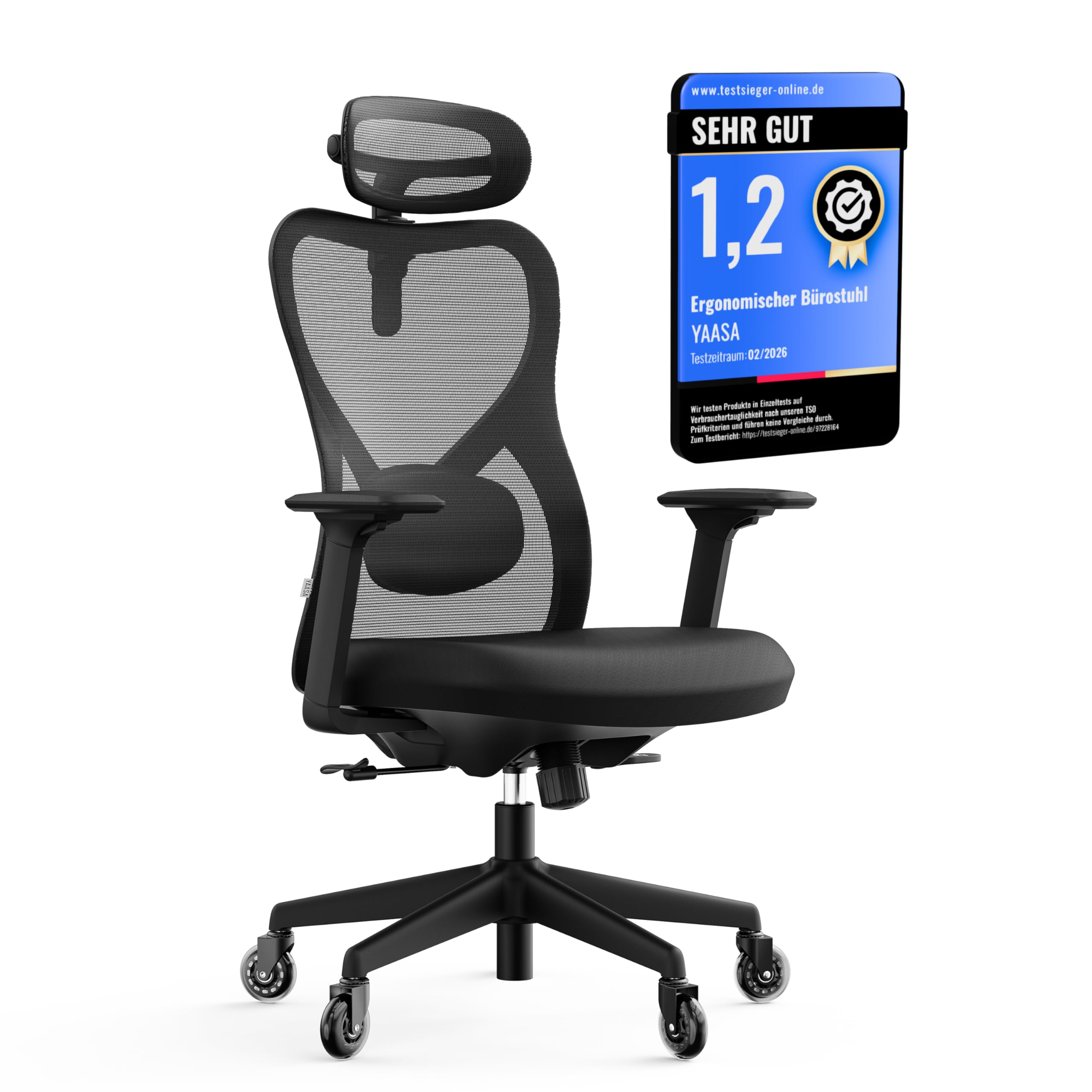 Yaasa Chair Plus, Bürostuhl des Jahres 2026, ergonomischer Schreibtischstuhl mit Kopfstütze 2D-Lordosenstütze & 4D-Armlehnen, Drehstuhl-TESTSIEGER gesundes Sitzen, Homeoffice Büro, Flüsterrollen 150kg