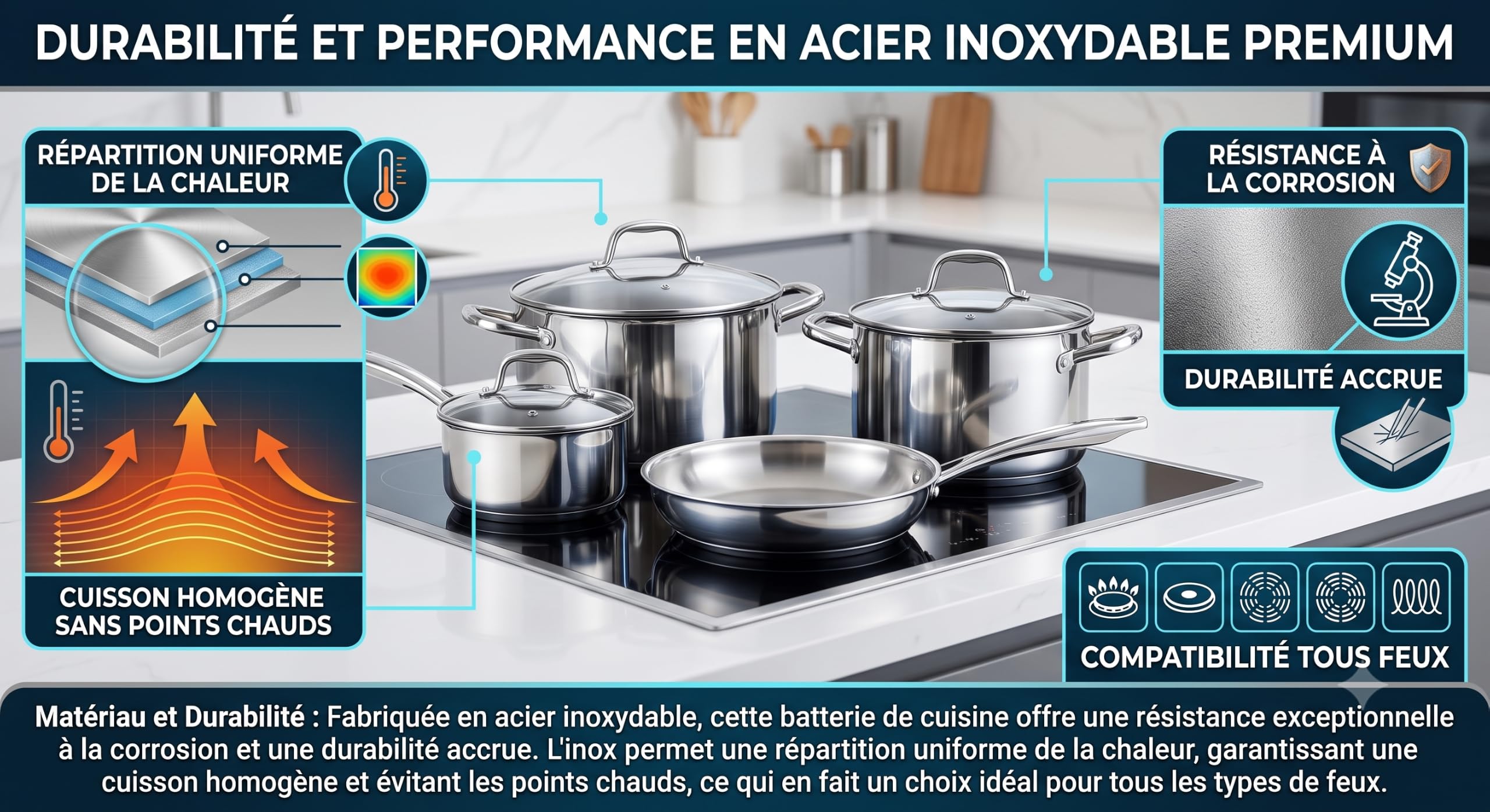 ARTHUR MARTIN - Set de Cacerolas de 5 Piezas en Acero Inoxidable, Compatible con Todas las Fuentes de Calor, Mango Desmontable, Tapas de Vidrio, Fácil de Limpiar, 14-16-18-20 cm