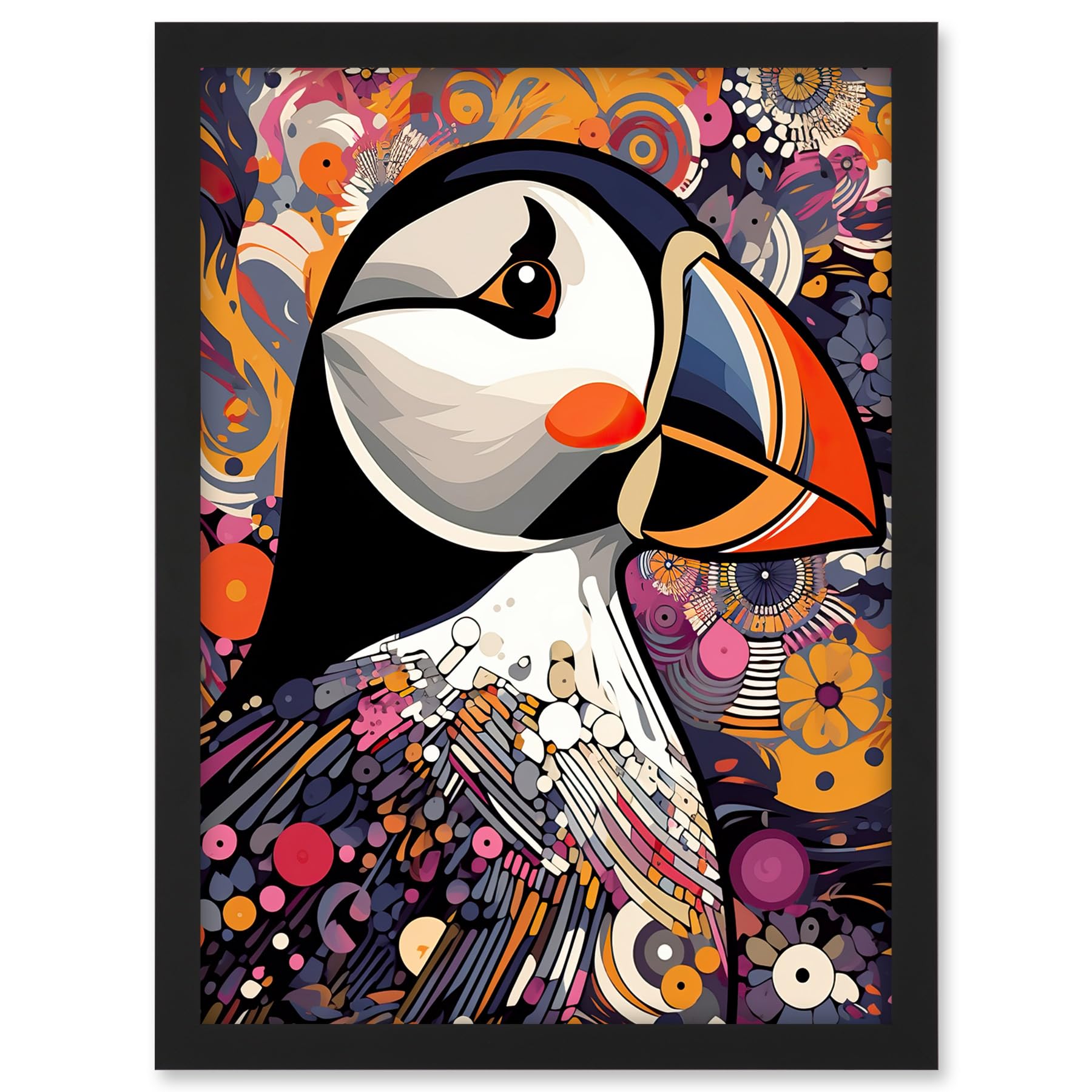 Artery8 Puffin Bird Geometric Patterns Colourful Busy Bright Psychedelic Modern Maximalist Artwork Framed A3 Wall Art Print